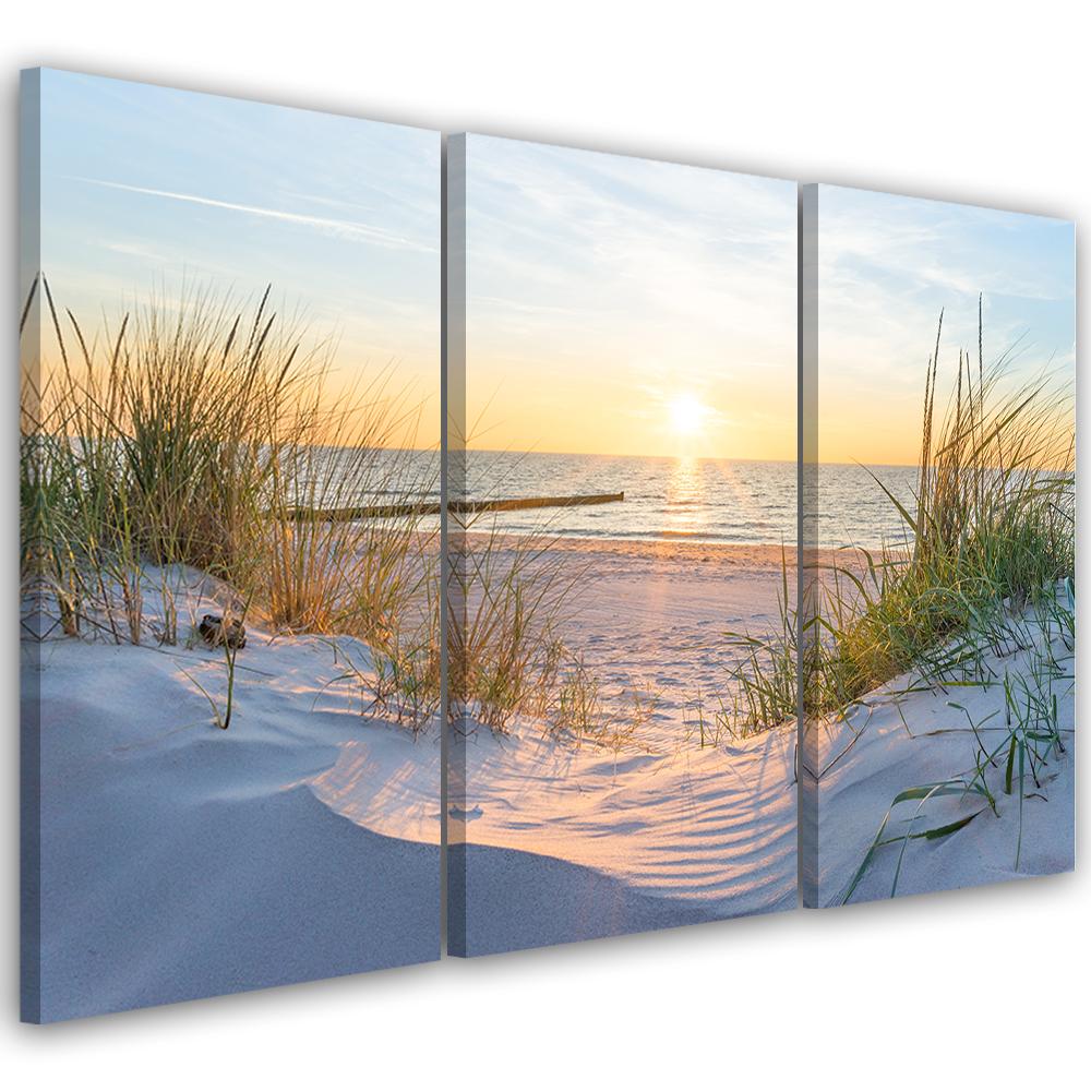 3 stykke lærredsprint, Beach Sea Dunes Sunset
