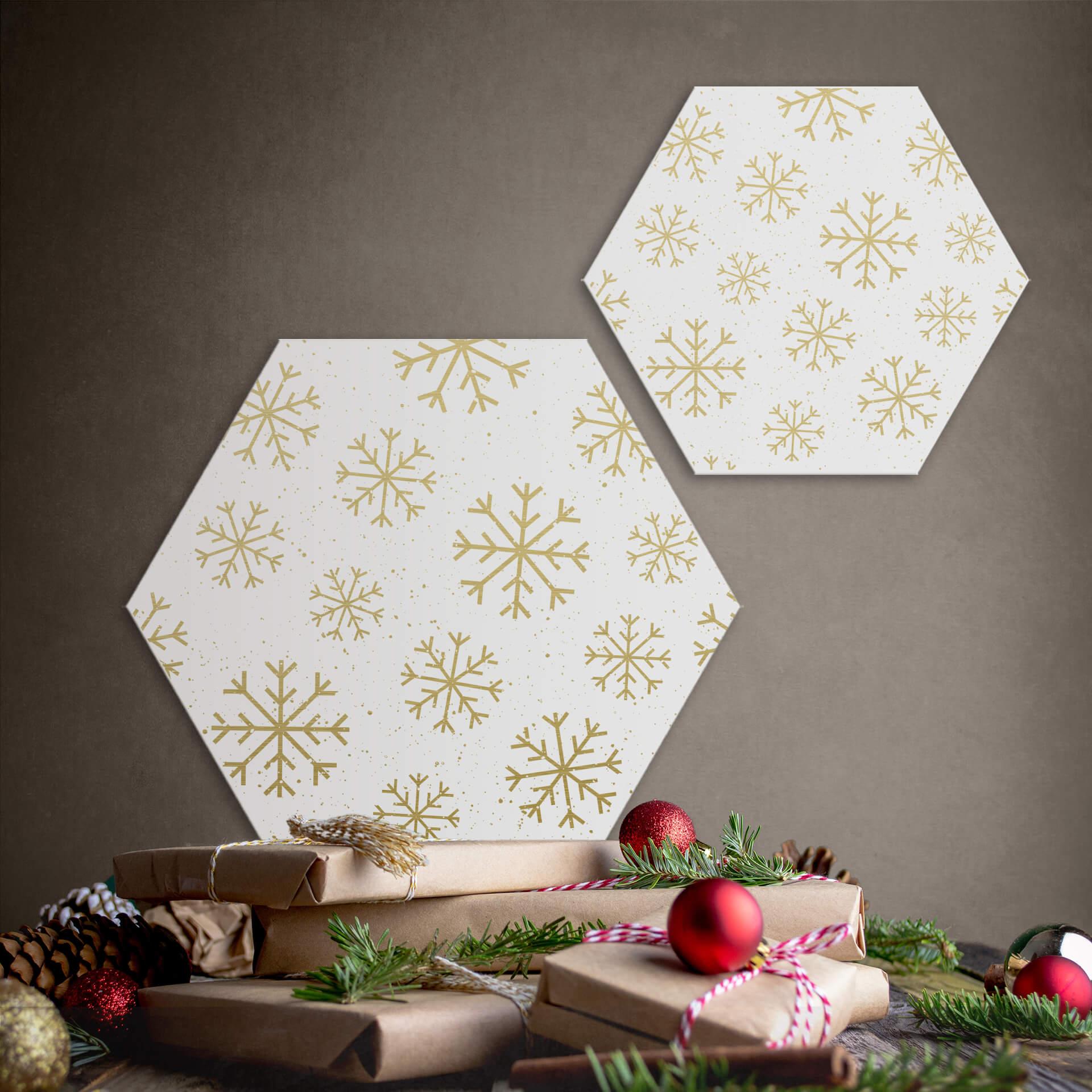 Hexagon - Alu-Dibond-Goldeffekt Schneeflocken Eiskristalle