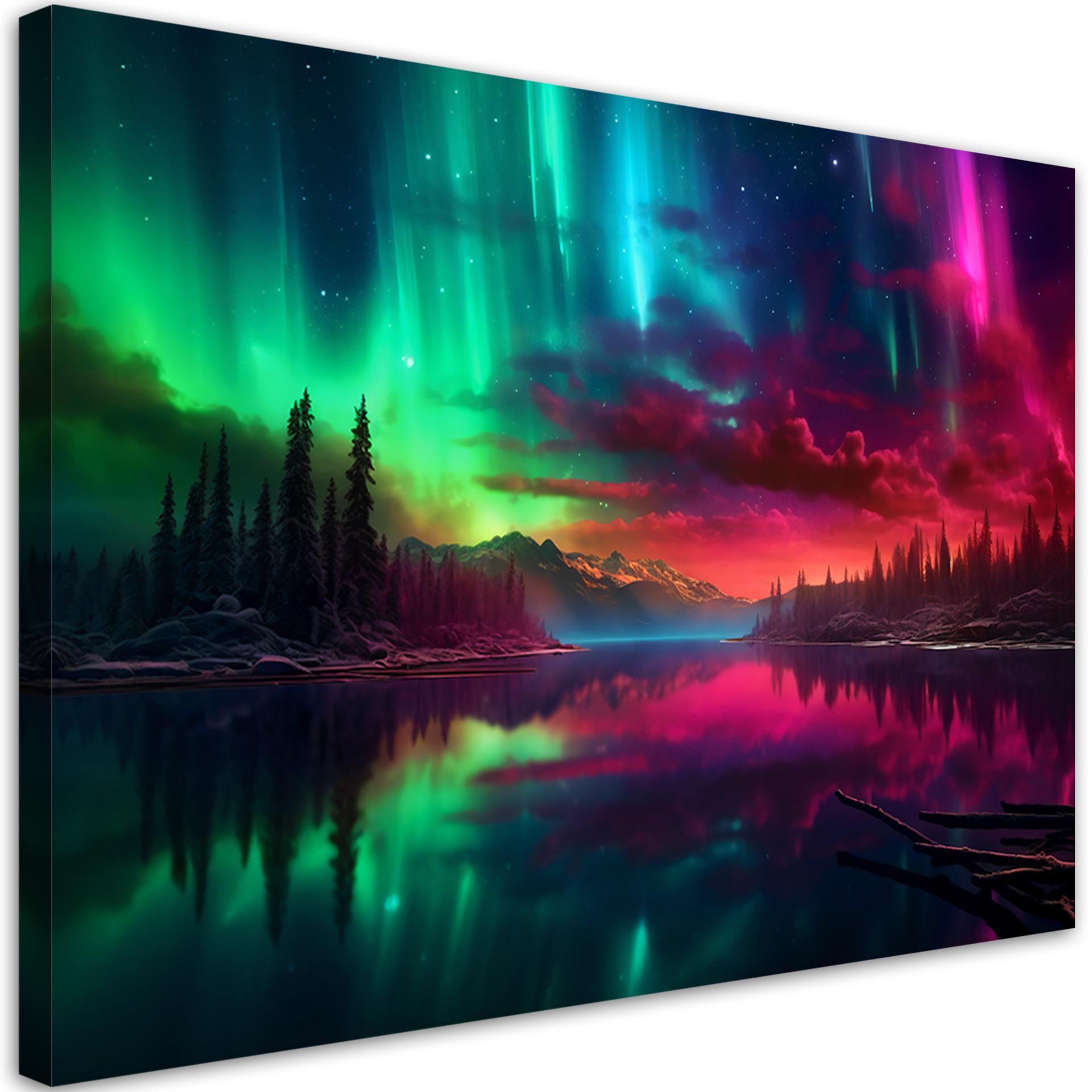 Canvasbillede, Aurora borealis foran en bjergbaggrund