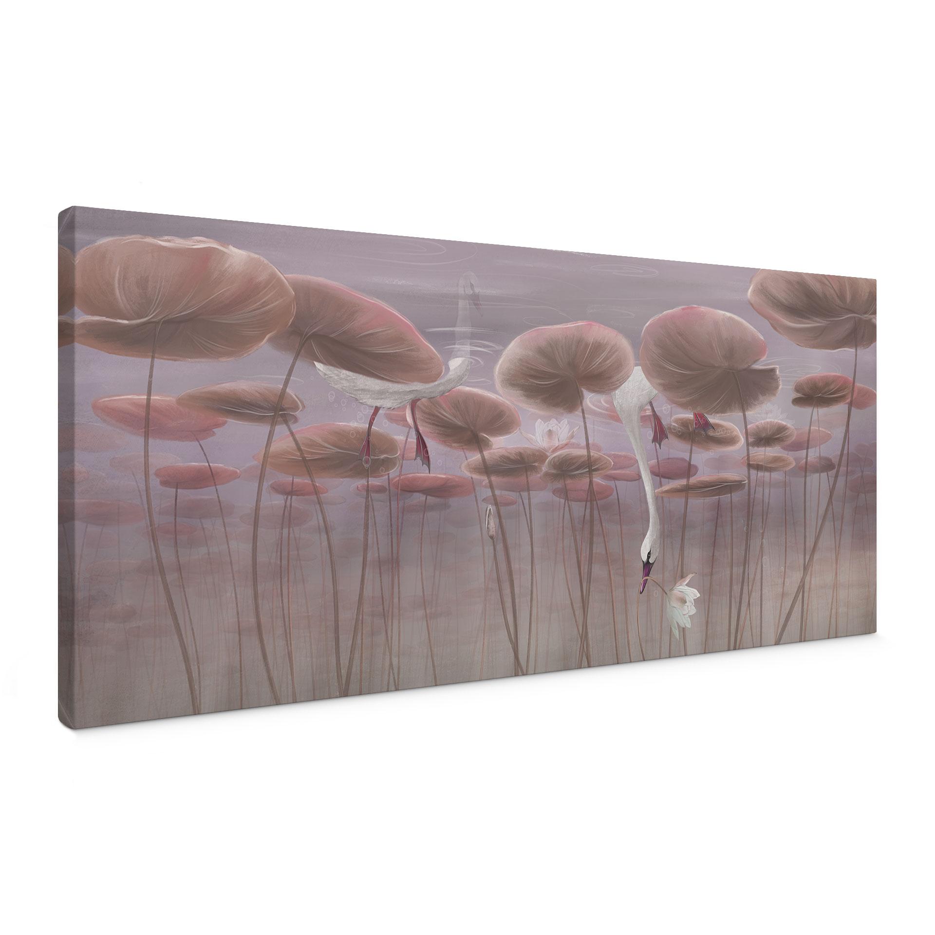 Canvas schilderij Lotusbloemen met zwaan in water in donkerroze - Ms Tiff - Panorama