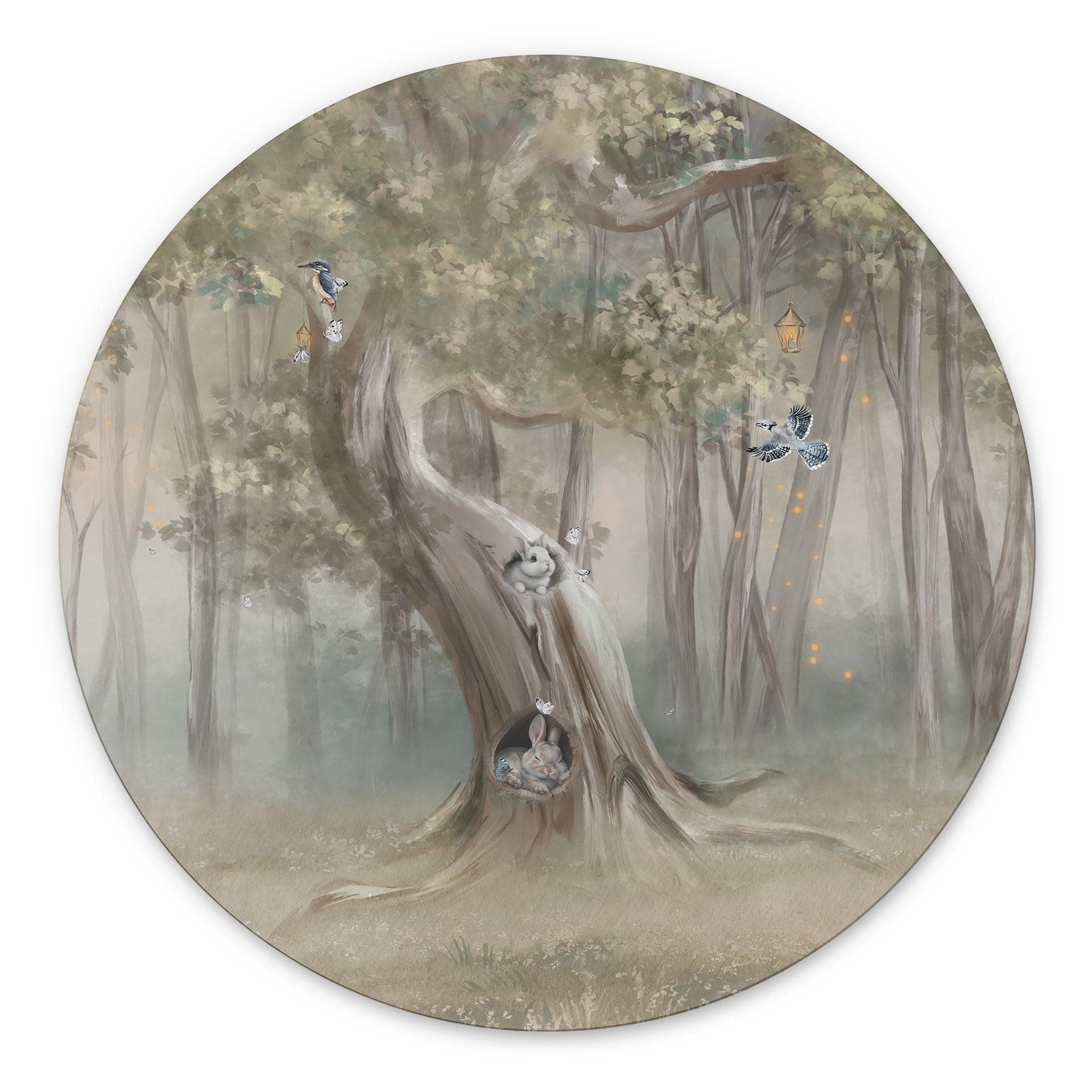 Wanddecoratie schattige bosdieren tussen bomen - Ms Tiff - Alu-Dibond - Rond