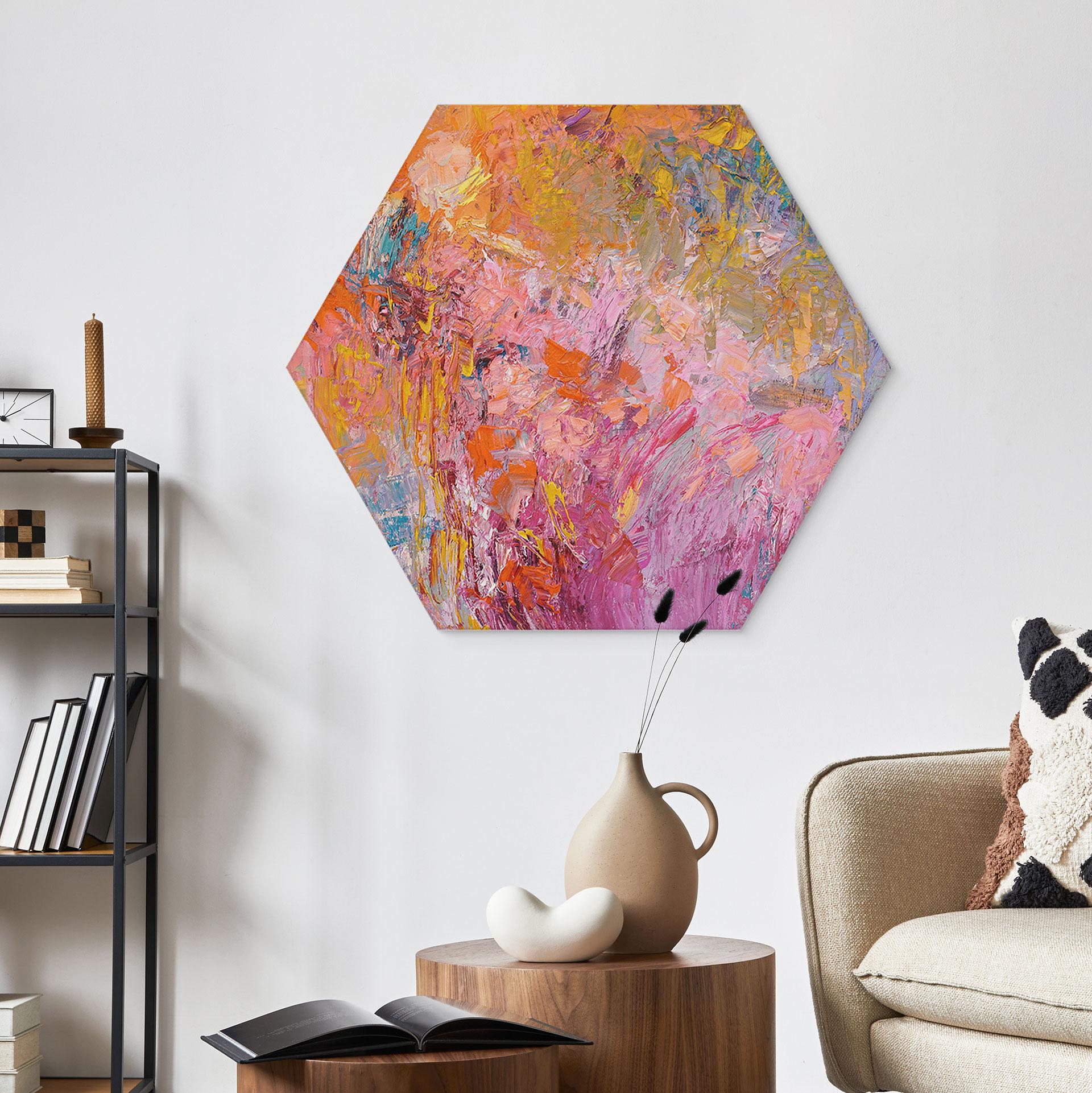 Hexagon Wandbild Abstrakter bunter Rosengarten - Fagan - Alu-Dibond