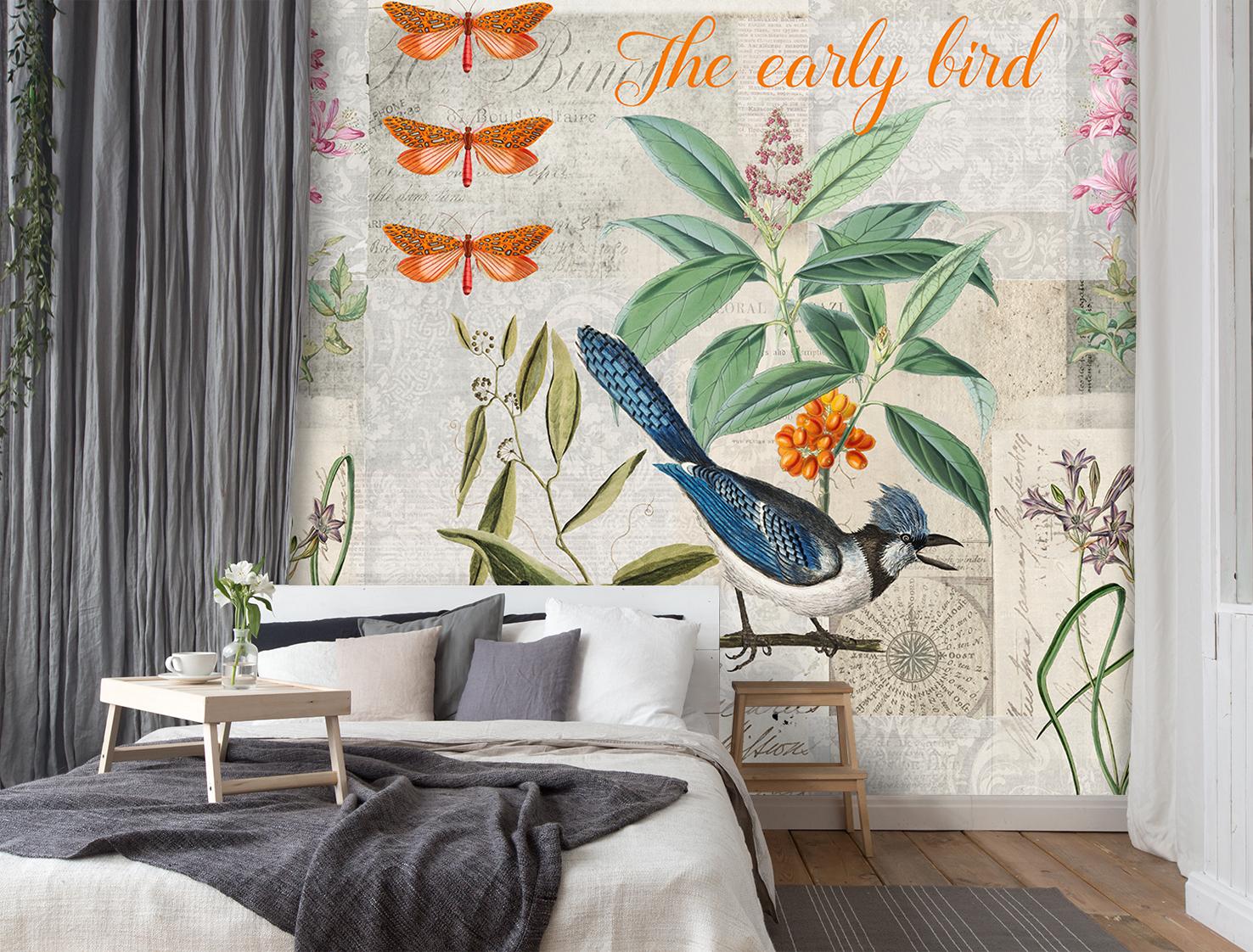 Fototapete, Shabby Chic Stil Blauer Vogel auf grünem Zweig - Andrea Haase