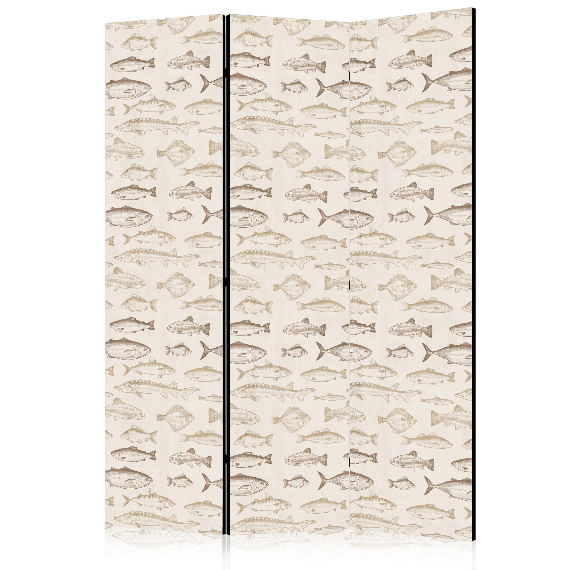 Paravent, Raumteiler freistehend, Trennwand - Fish in Beige Tones Presented in Vintage Style