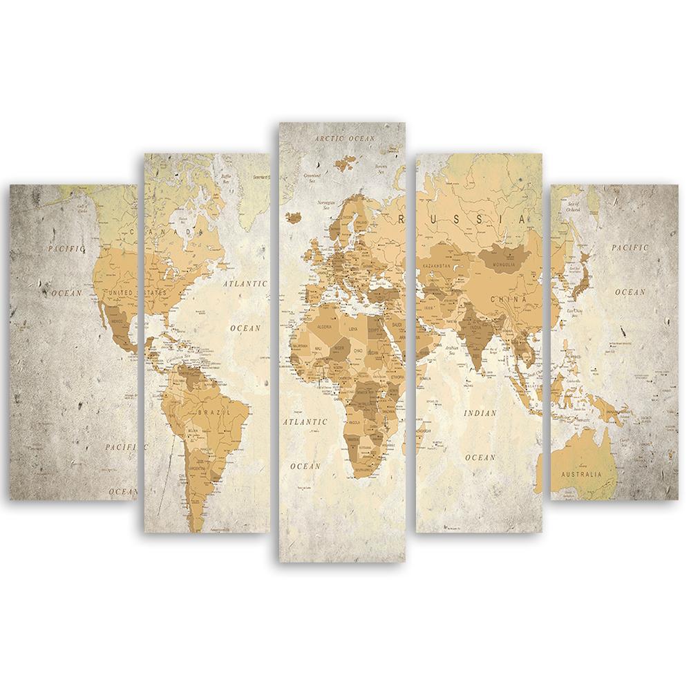 5-delige canvas print, wereldkaart bruin