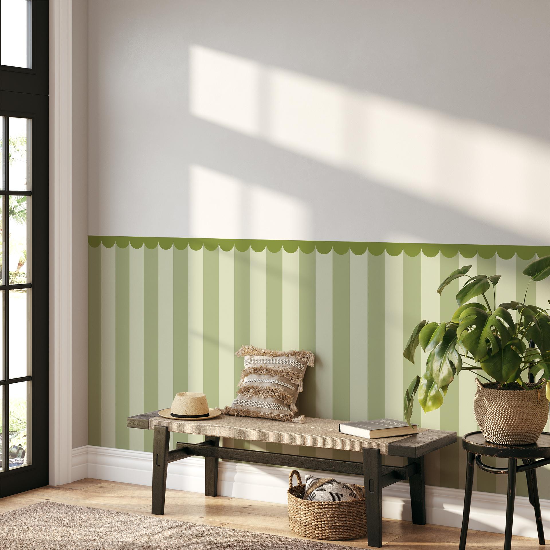 Panneaux muraux revêtement mural autocollant vert rayé avec frise