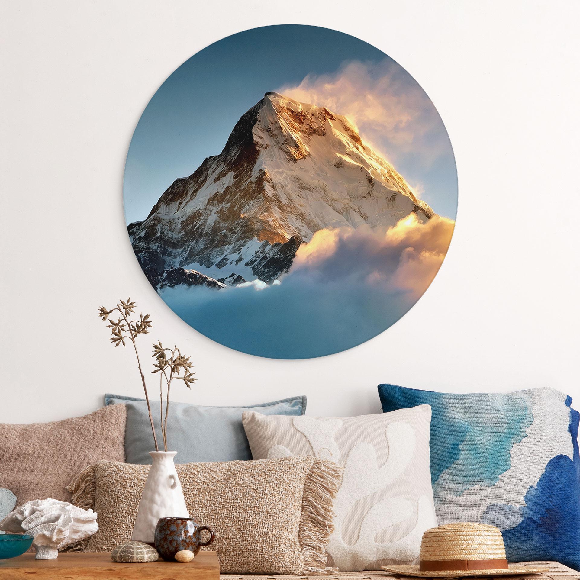 Wandbild Sonnenaufgang über dem schneebedeckten Berg - Annapurna Himal - Rund - Alu-Dibond