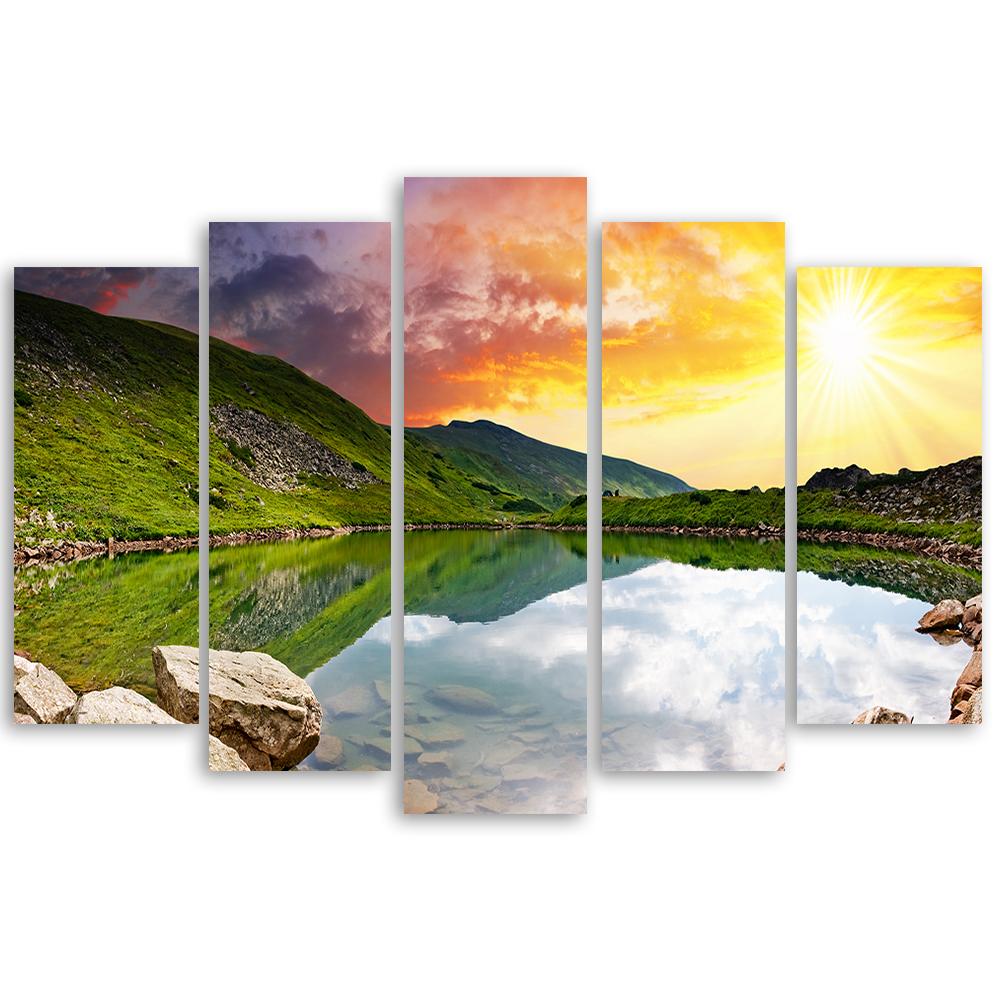Lærredstryk 5 stykker, Sunset Landscape Lake
