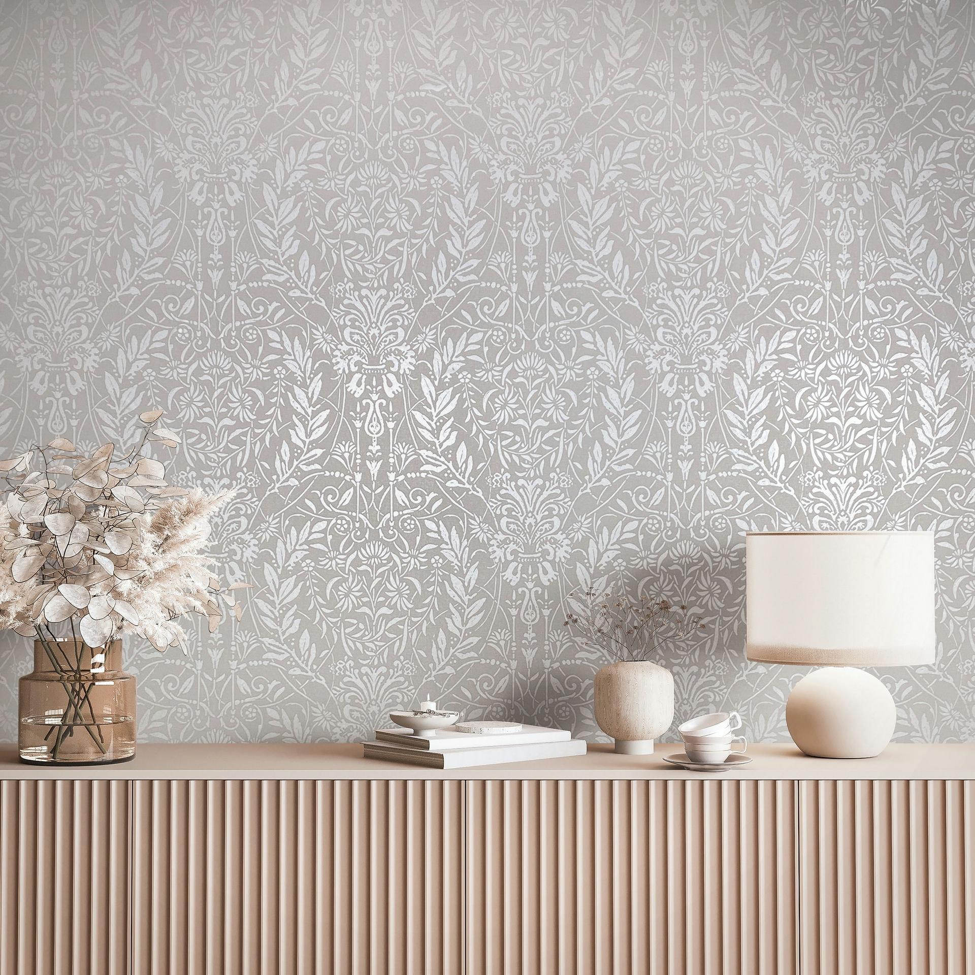 Ikke-vævet tapet Ornament Floral Nature i grå beige