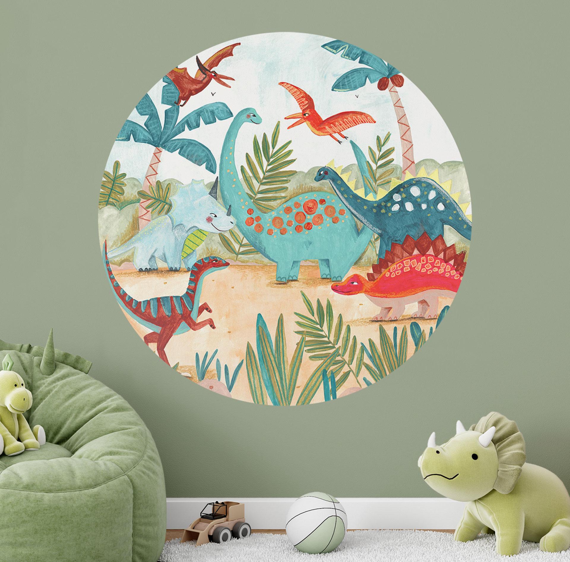Wallsticker til børneværelset - Farverige dinosaurer i urskoven - Bonne Müller - Round