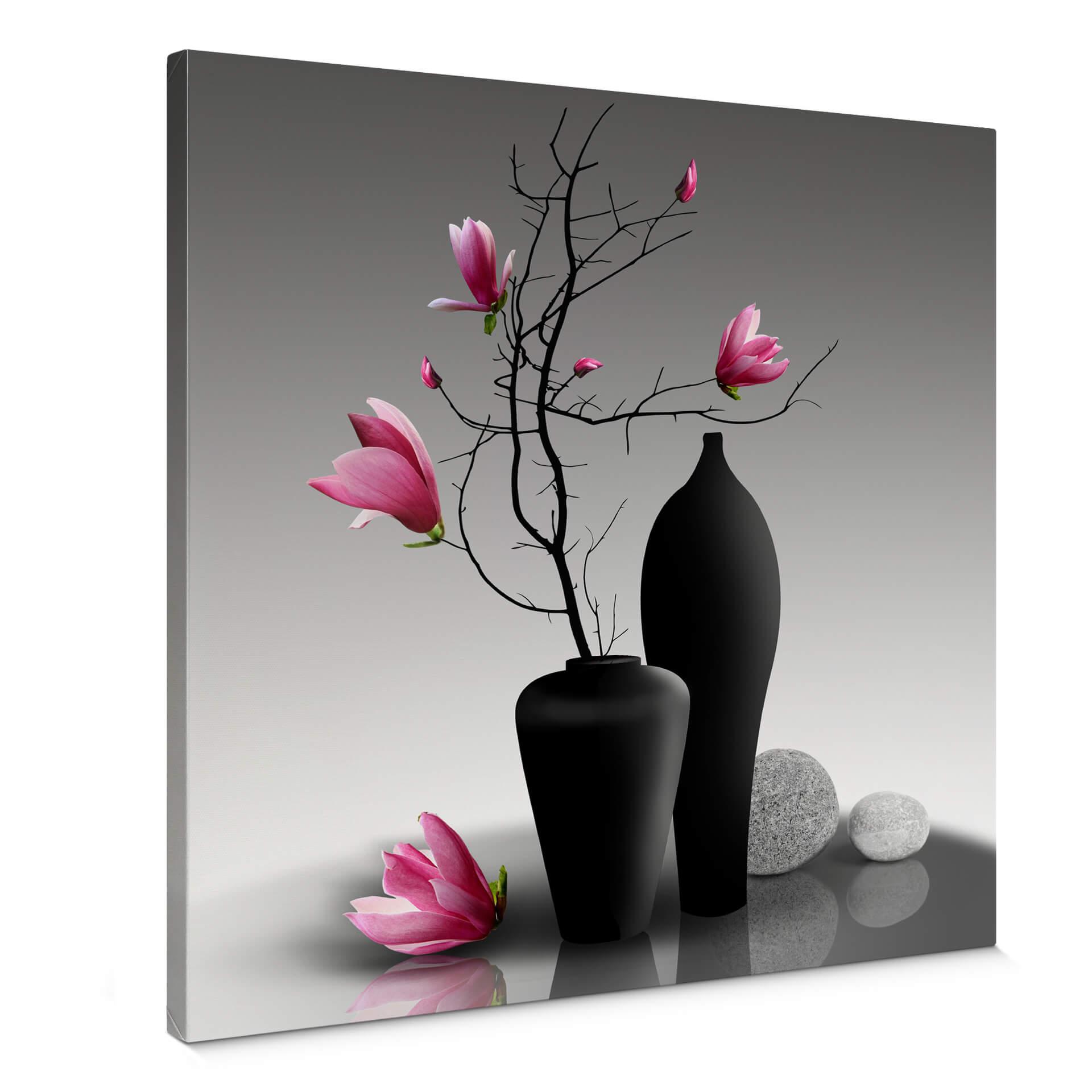 Lienzo rama de magnolia en jarrón negro - Cuadrado