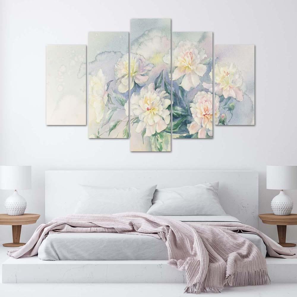 5 stykke lærredsprint, buket blomster hvid