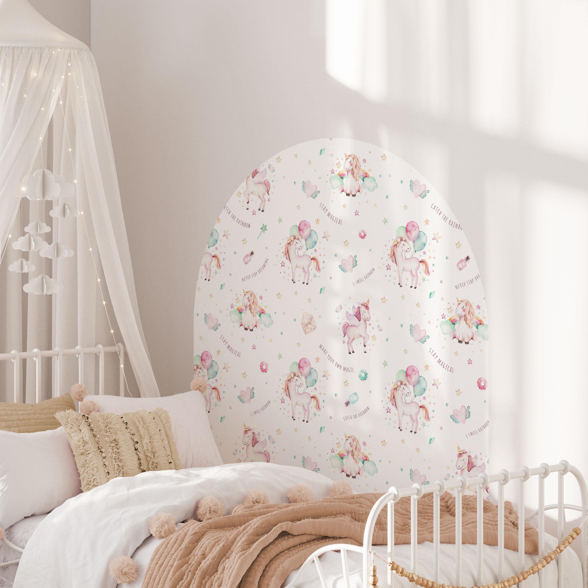 Wallsticker rundbue vægpanel Søde enhjørninger balloner - Kvilis - bred