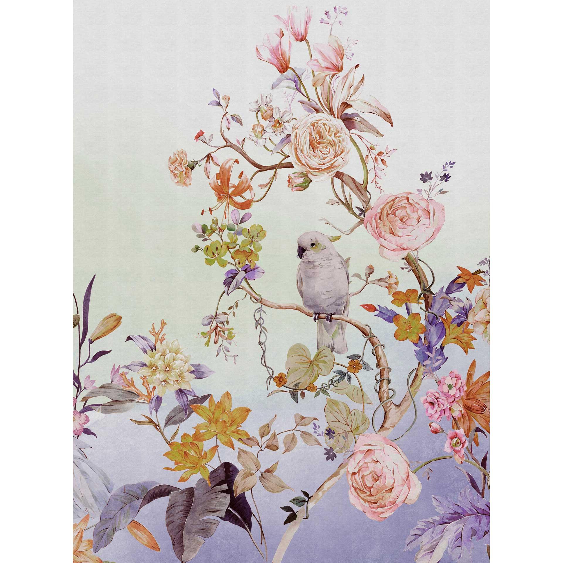 Bloemen behang met vogelmotief - Delicaat vliesbehang in aquarel stijl