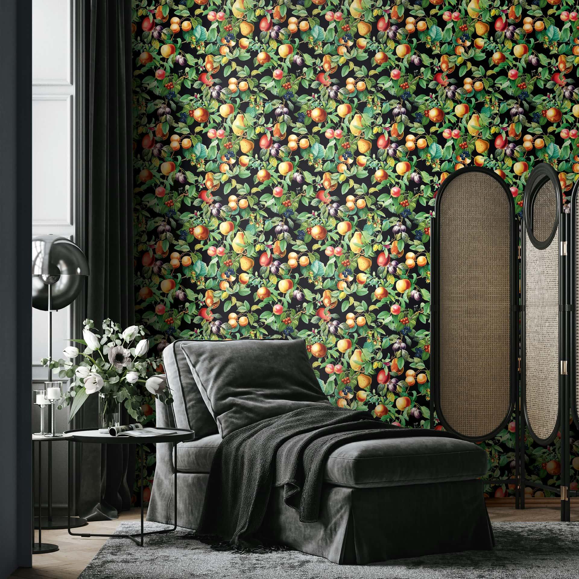 Vliesbehang vruchten, bladeren bloemen natuur mat in zwart