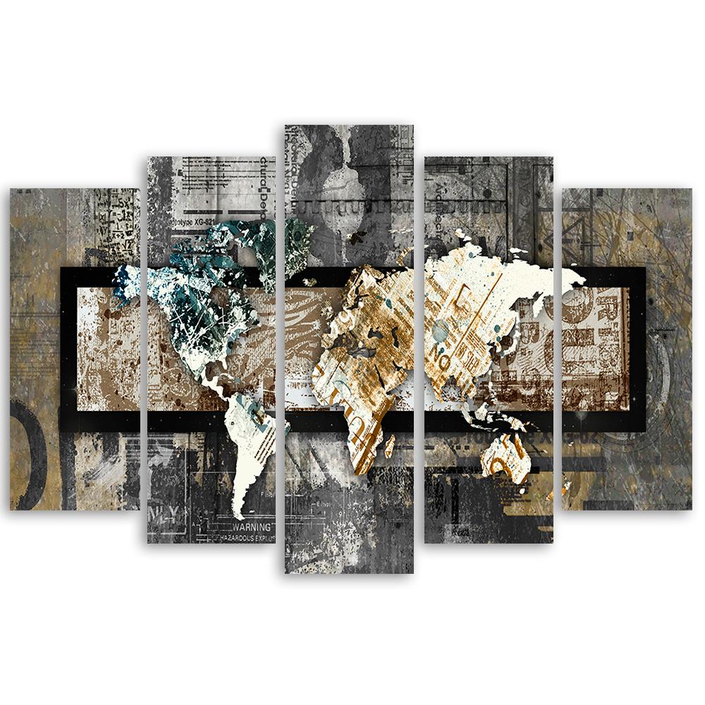 Canvas Print 5 Stuks, Wereldkaart Retro Vintage