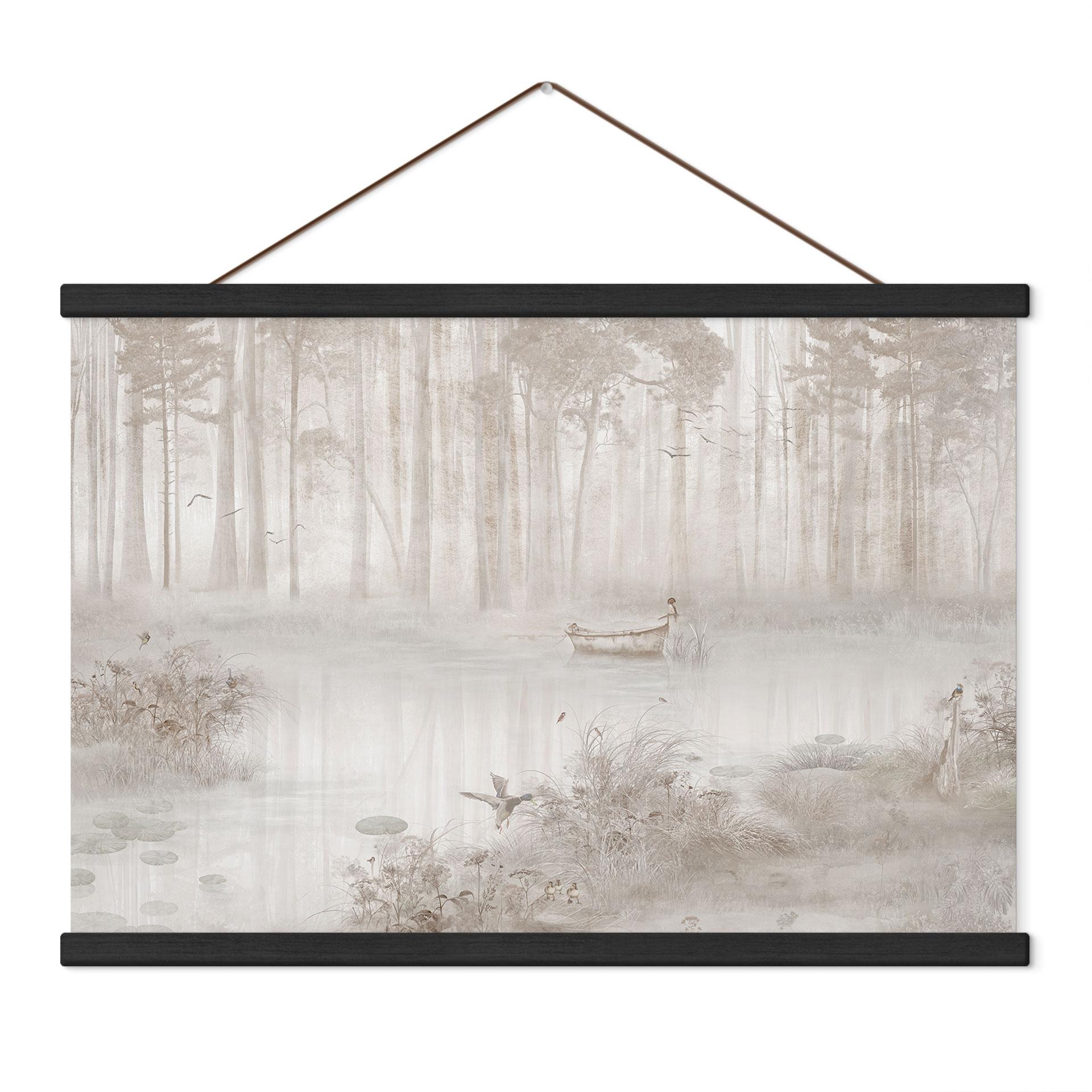 Textielposter Bos aan het meer in de mist in beige - Ms Tiff