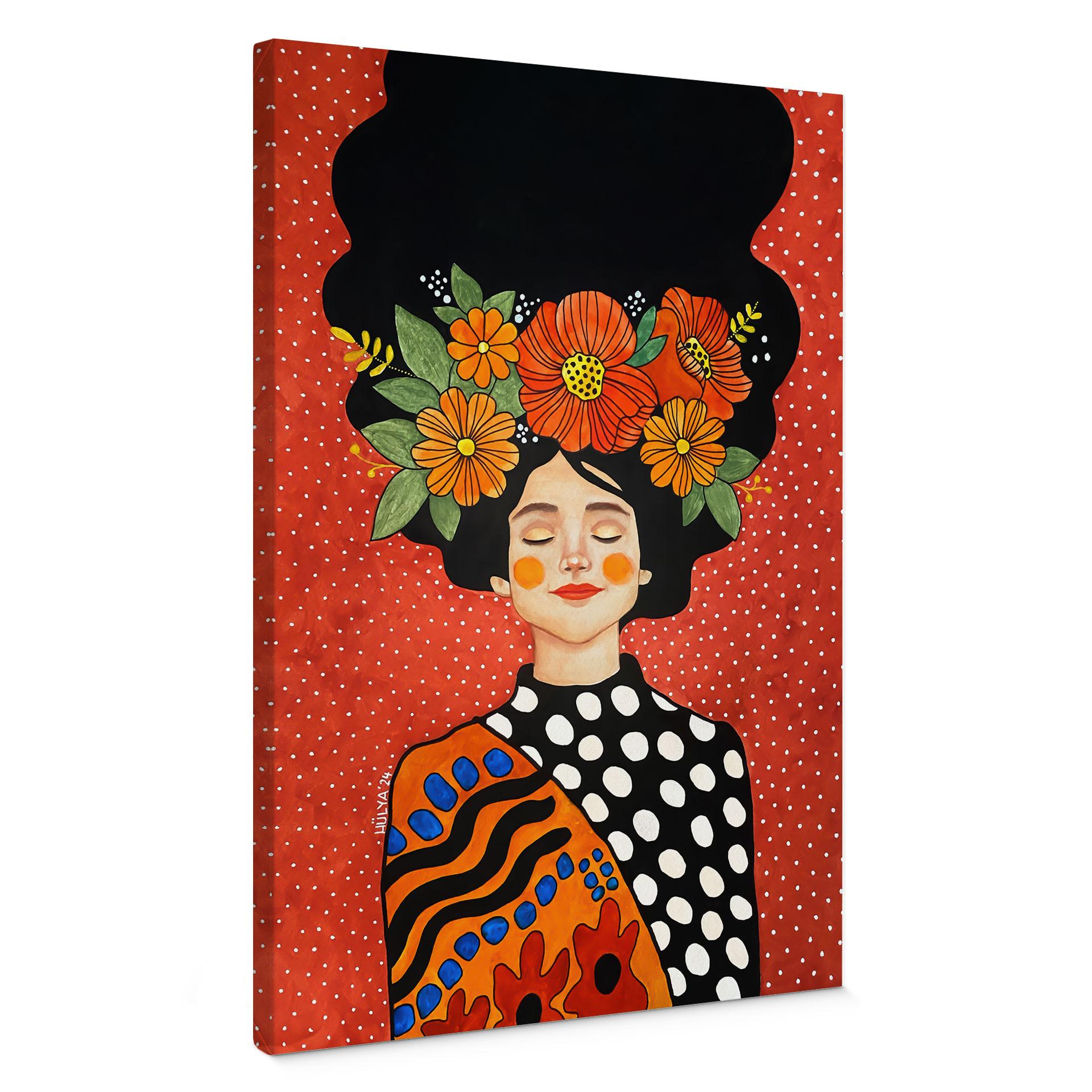 Canvasbillede Smilende kvinde med orange blomster - Hülya
