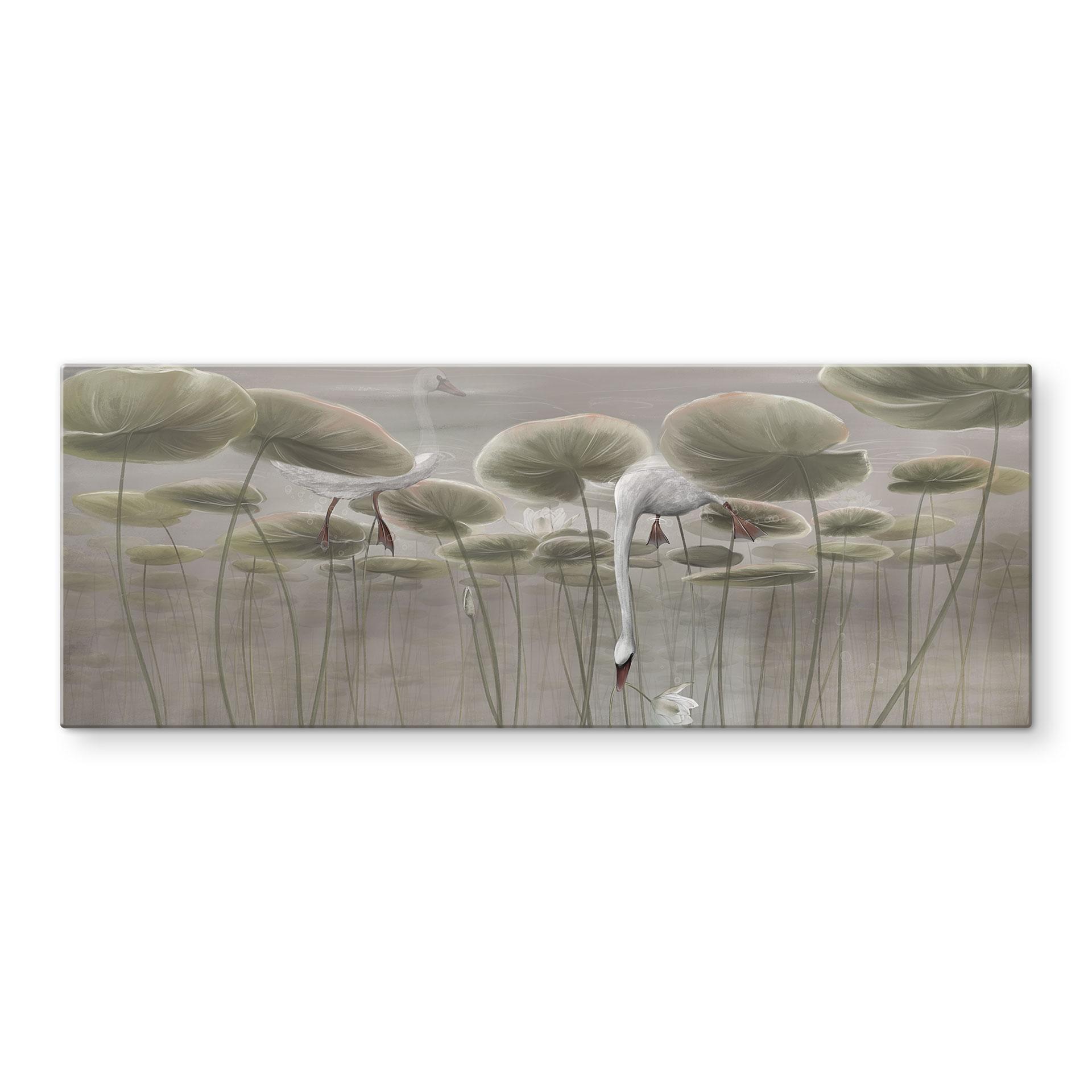 Spatscherm Lotusbloemen met zwaan in water in grijs - Ms Tiff - Panorama