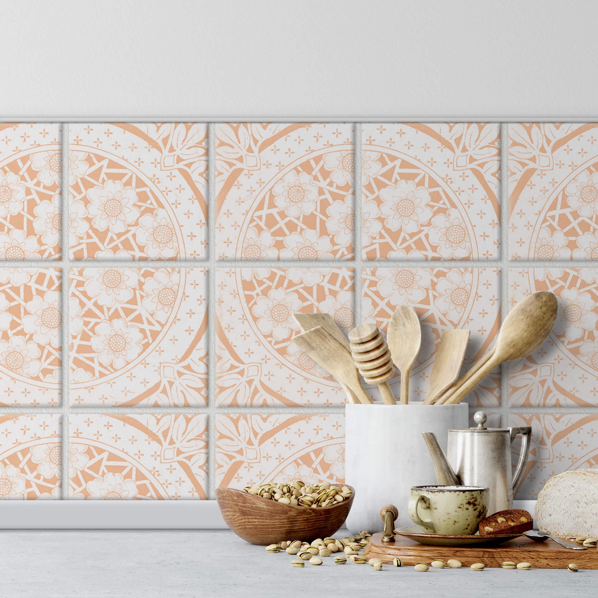 Wallsticker Fliseklistermærker Victorianske blomster ferskenfarvet - sæt med 12 stk.
