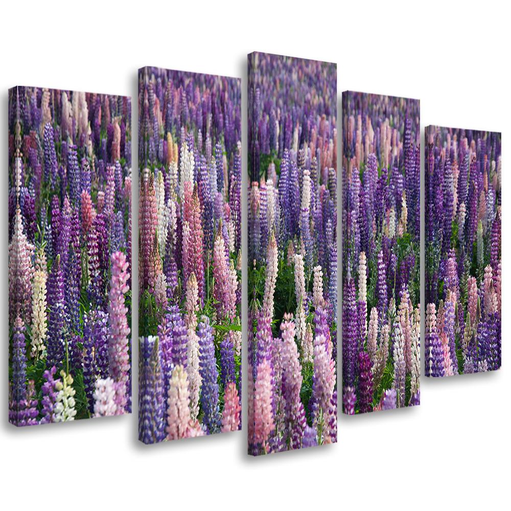 5 stykke lærredstryk, lilla blomster engplanter
