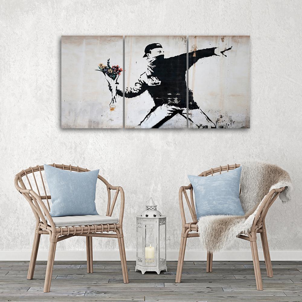 3 stykke lærredstryk, Banksy Graffiti kunstblomster