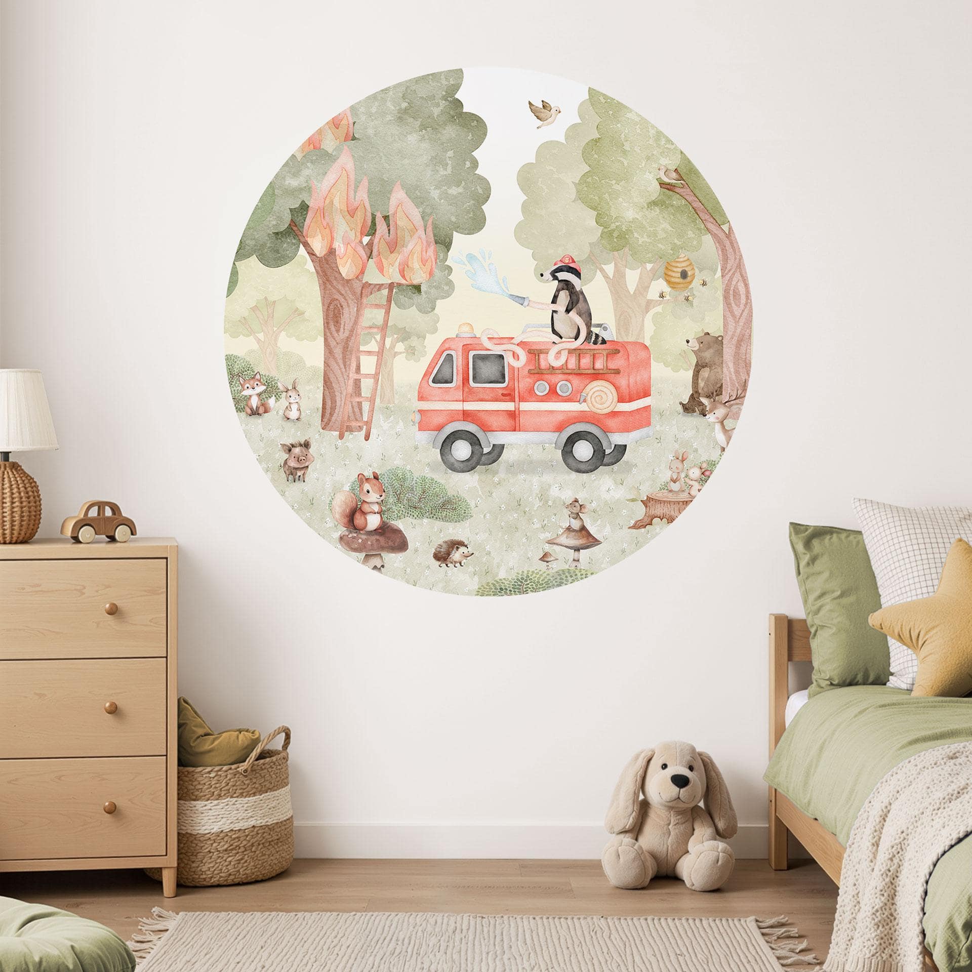 Vinilo Decorativo Bomberos Animales en el Bosque - Oliver Robins - Redondo