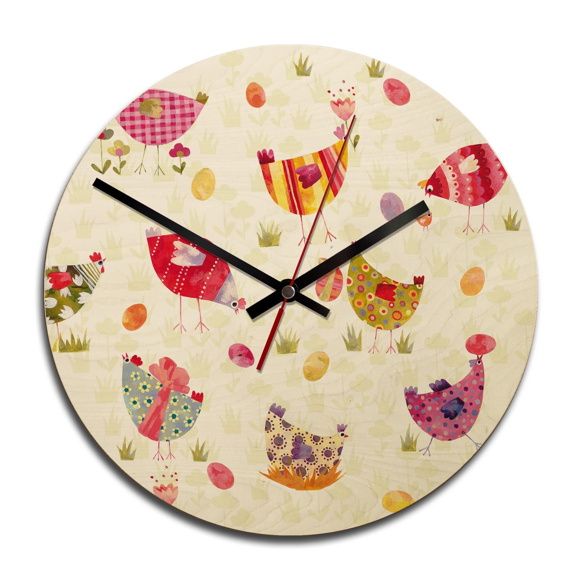 Horloge murale en bois - Blanz - Poules colorées