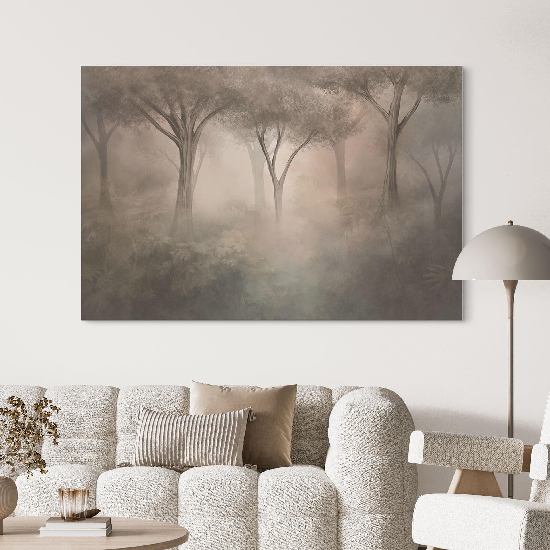 Wanddecoratie Bosmagie in de ochtendnevel Beige - Ms Tiff - Alu-Dibond