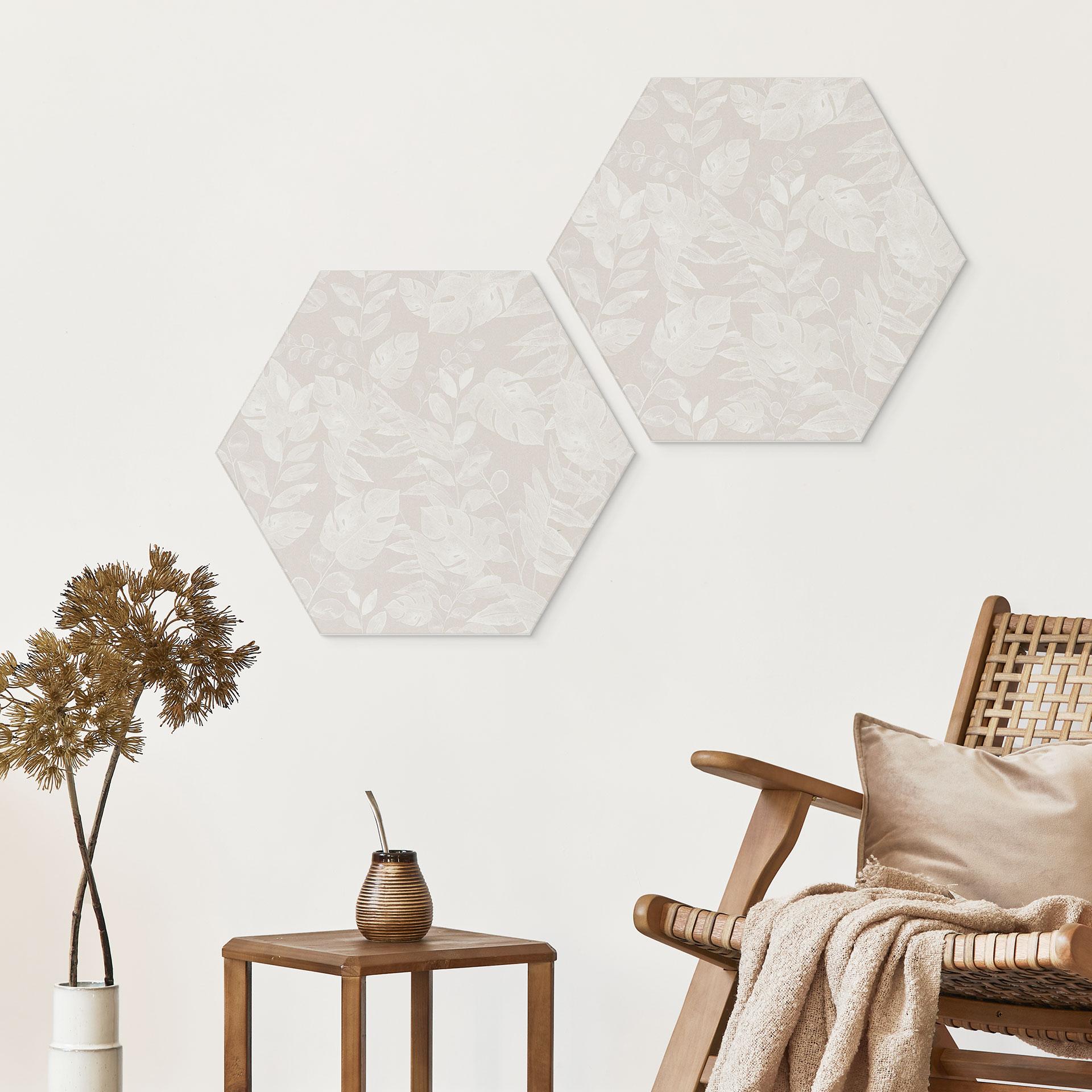 Sekskantet Billede af tropiske blade i beige - Bloomery Decor - Alu-Dibond