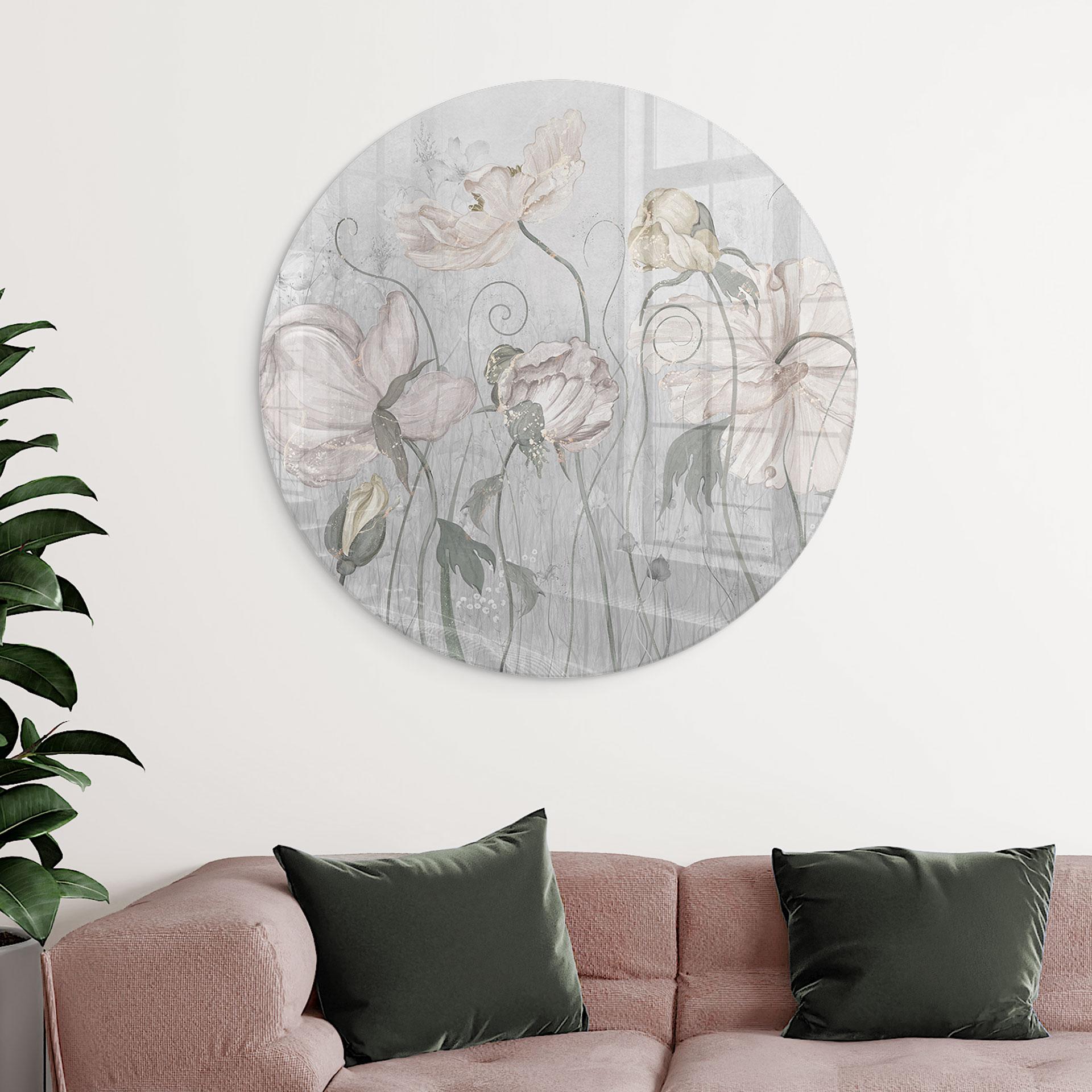 Glasbild Blumen im Vintage Stil in Grau - Ms Tiff - Rund