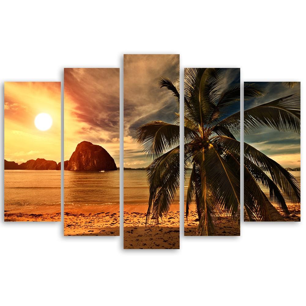 5-delige canvas print Palmbomen zonsondergang oranje