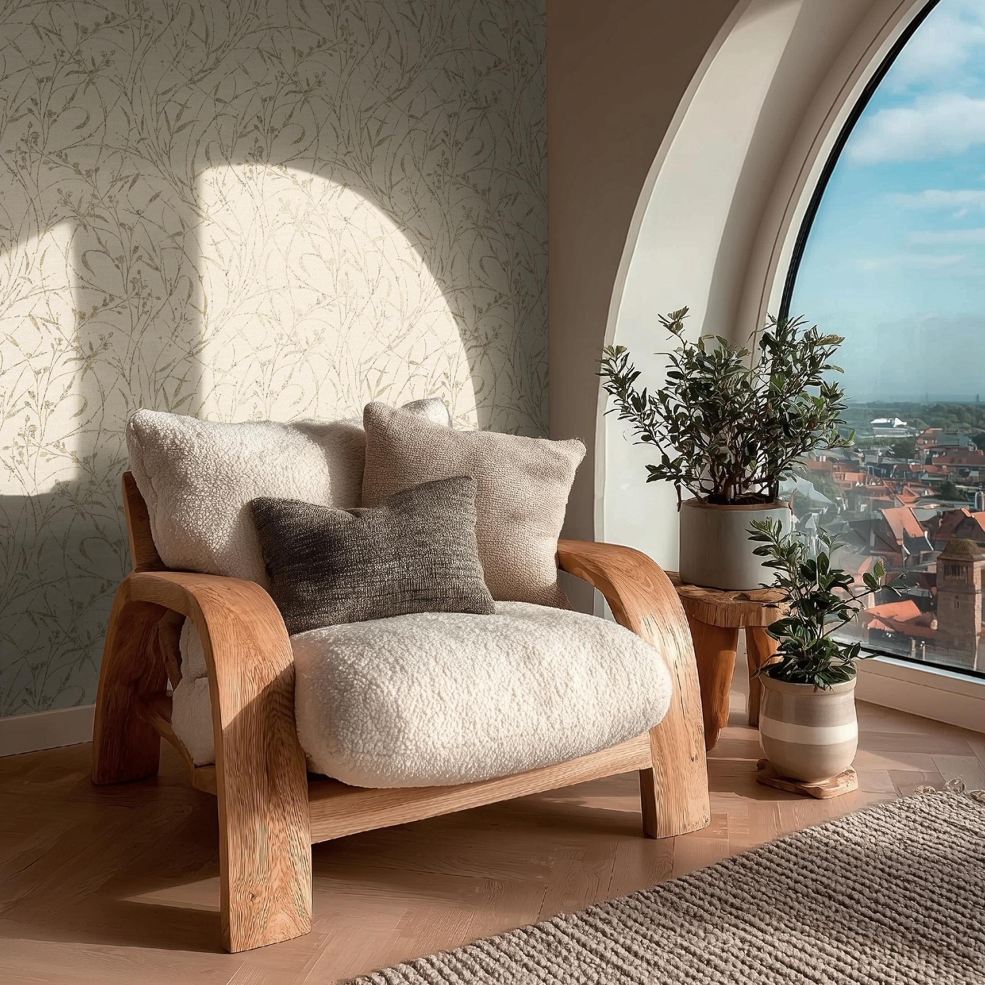 Ikke-vævet tapet Fee Wild Free creme beige grå metallic - græsser vilde blomster stue gang kontor