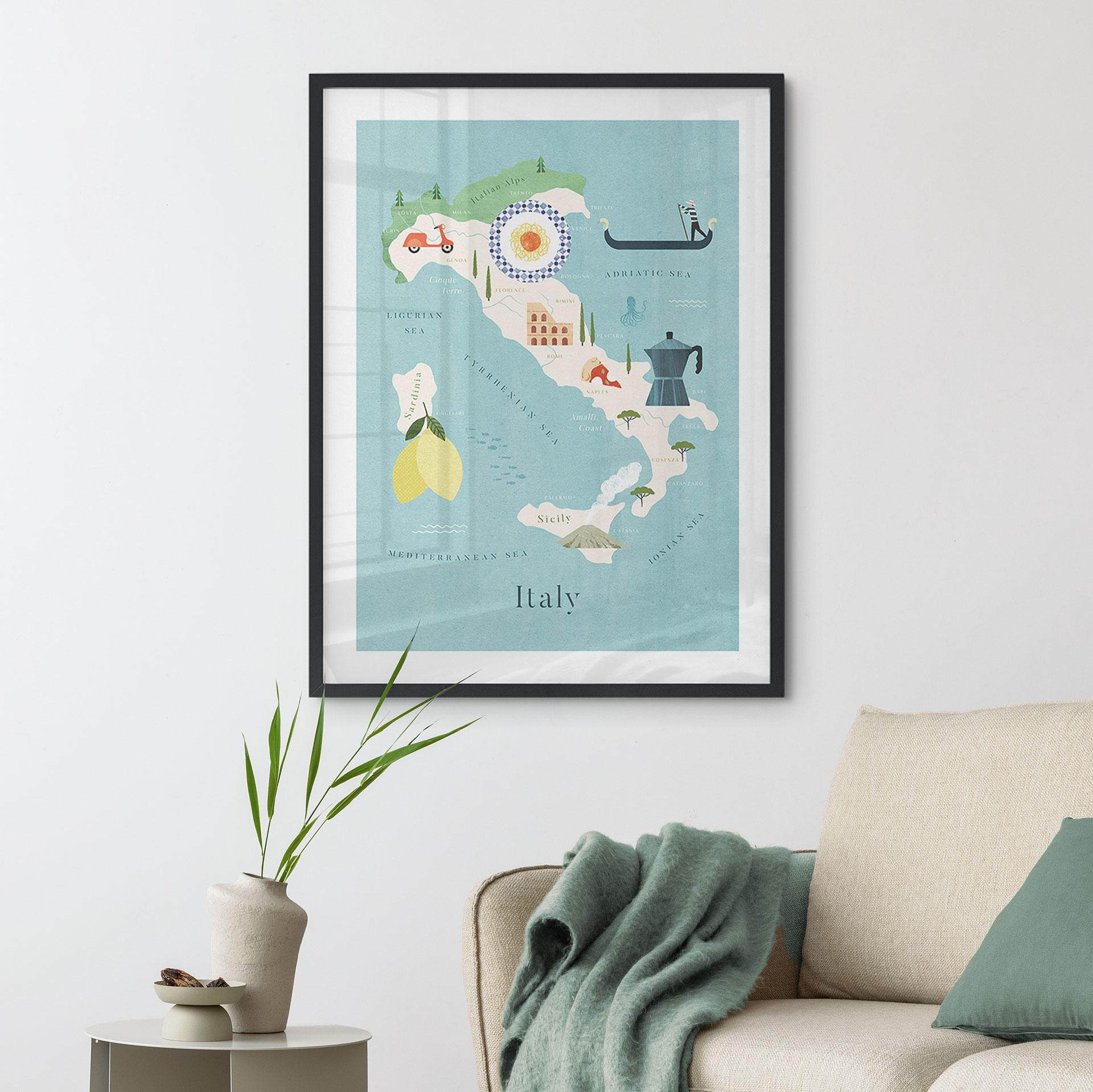 Plakat Kort over Italien - Rivers