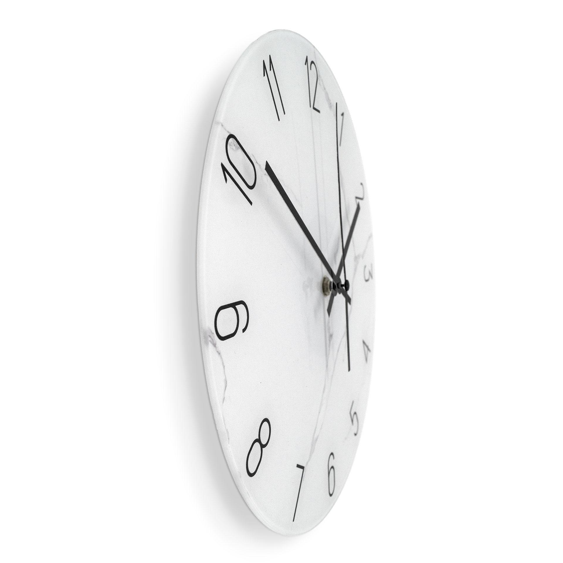 Elegante orologio da parete in vetro effetto marmo bianco con numeri neri Ø30 cm