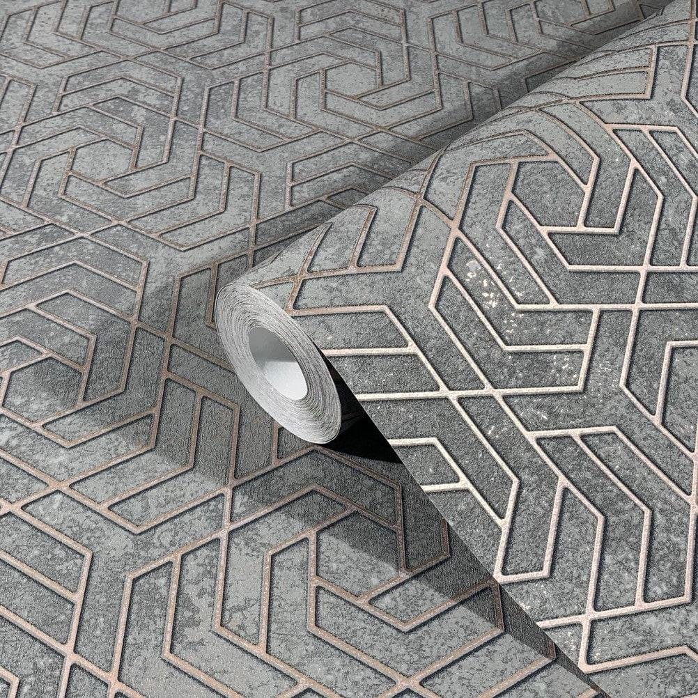 3D-look grå grafisk non-woven tapet