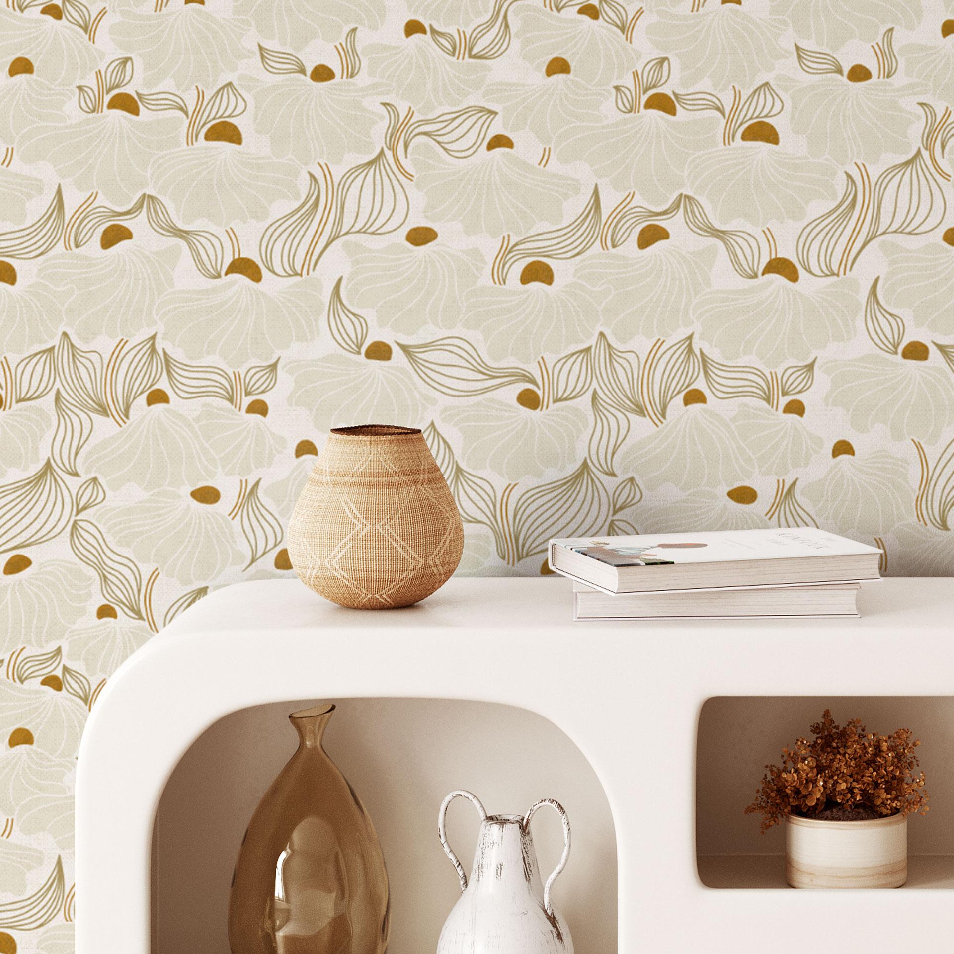 Patroonbehang Minimalistische bloesems in crème en goud | Bloemen vliesbehang - Annick