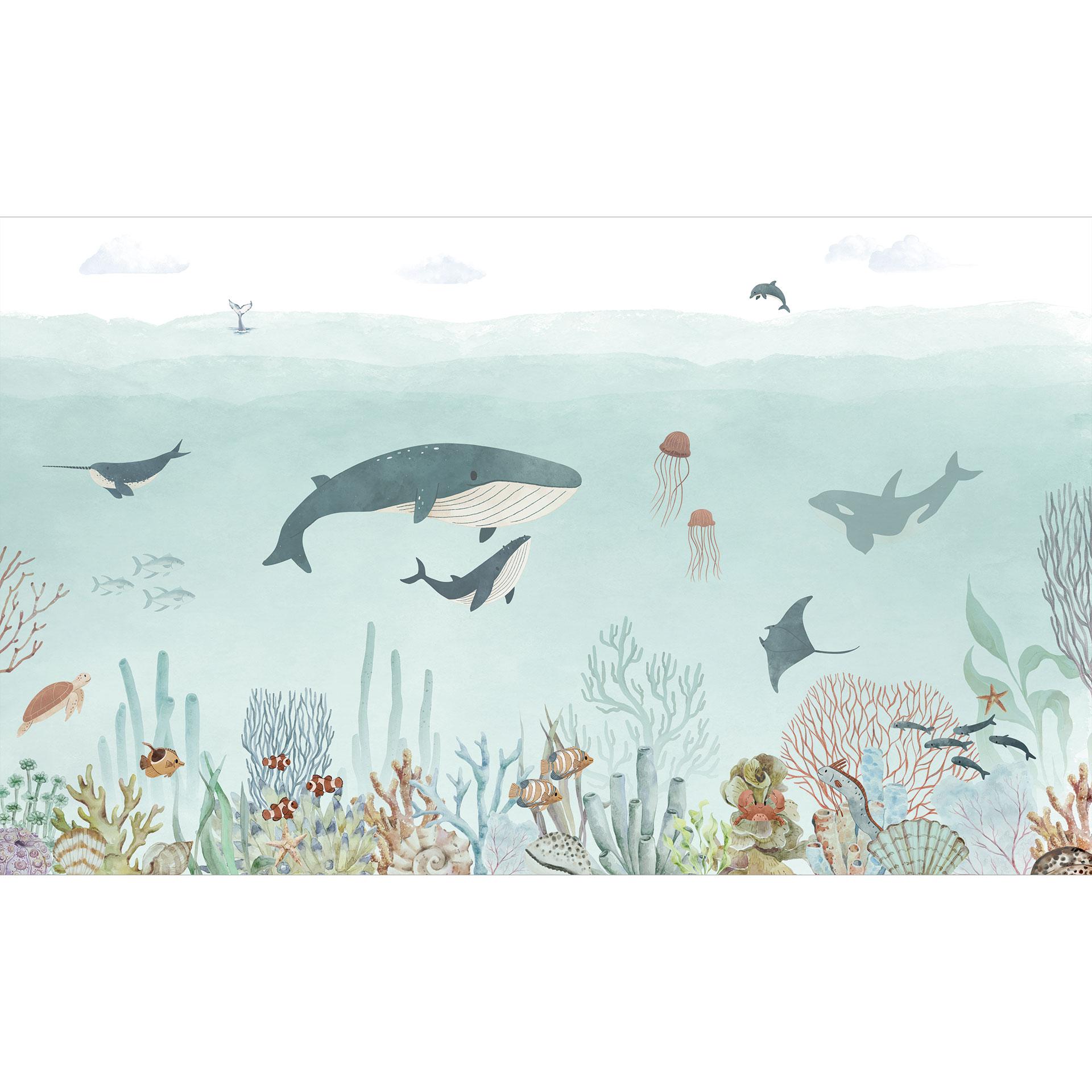 Kinderbehang onderwater avontuur met zeedieren - blauw - Oliver Robins
