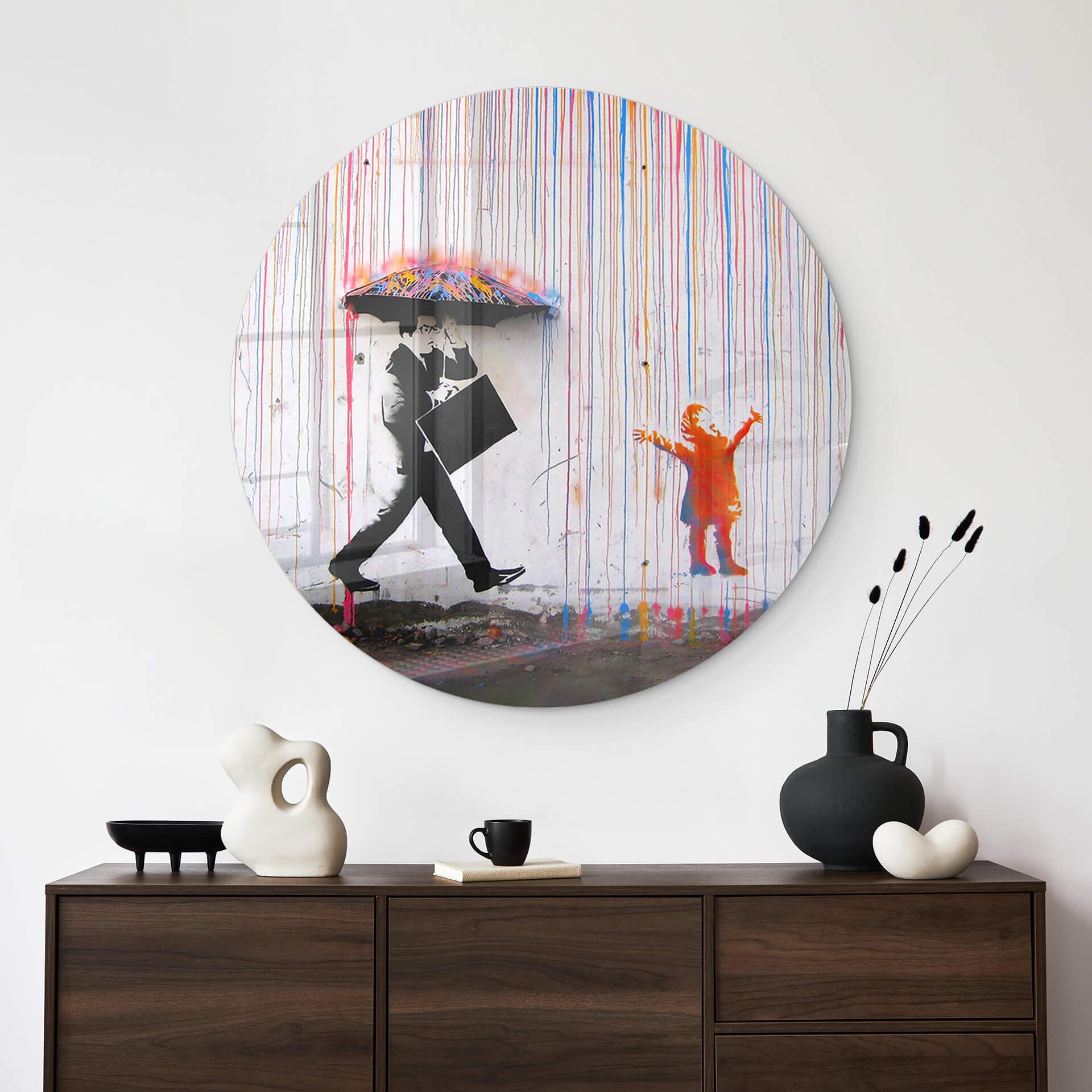 Rond Glasschilderij Banksy - Coloured Rain