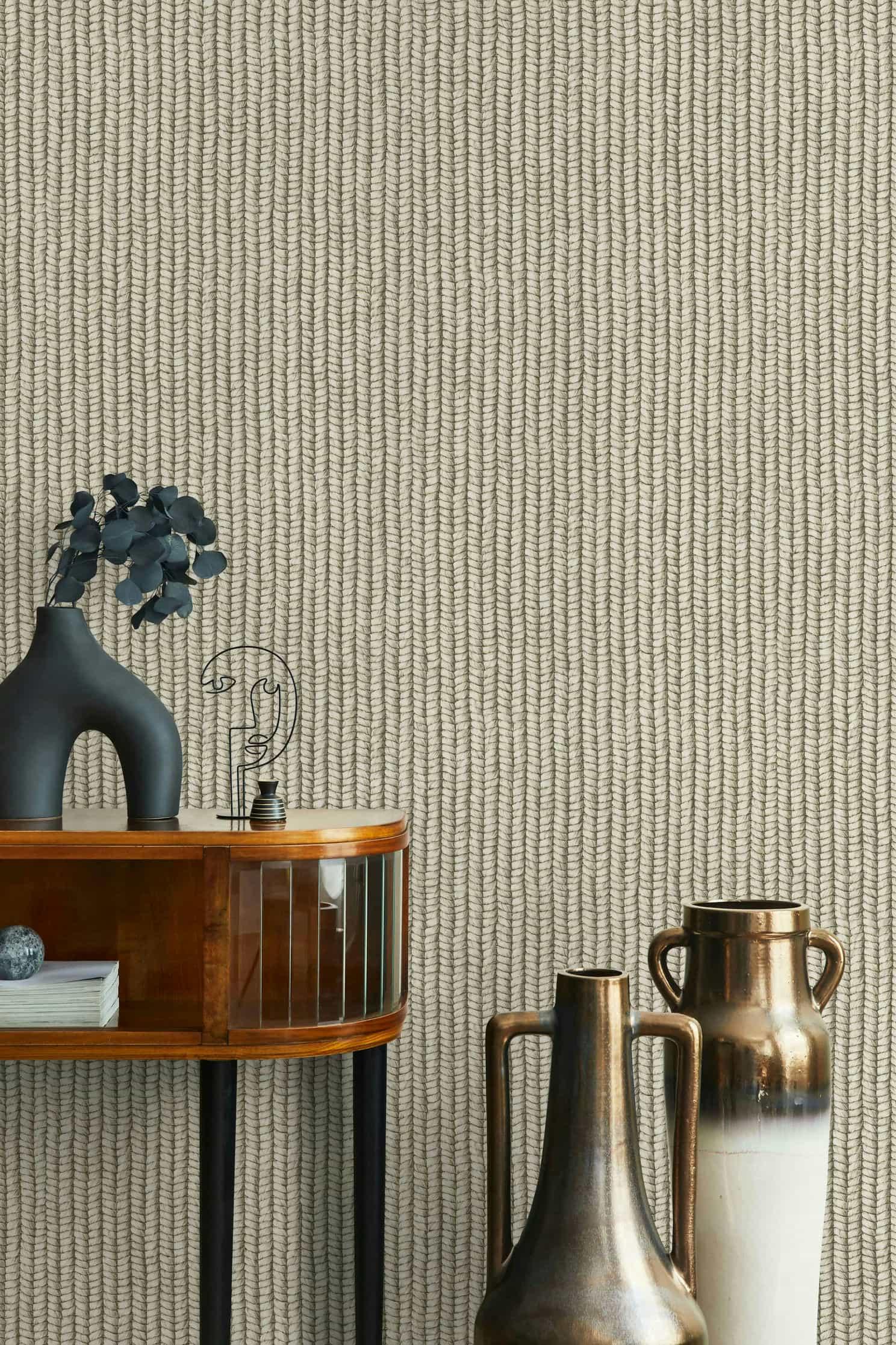 vliesbehang met kurkvlecht look beige, grijze textiellook