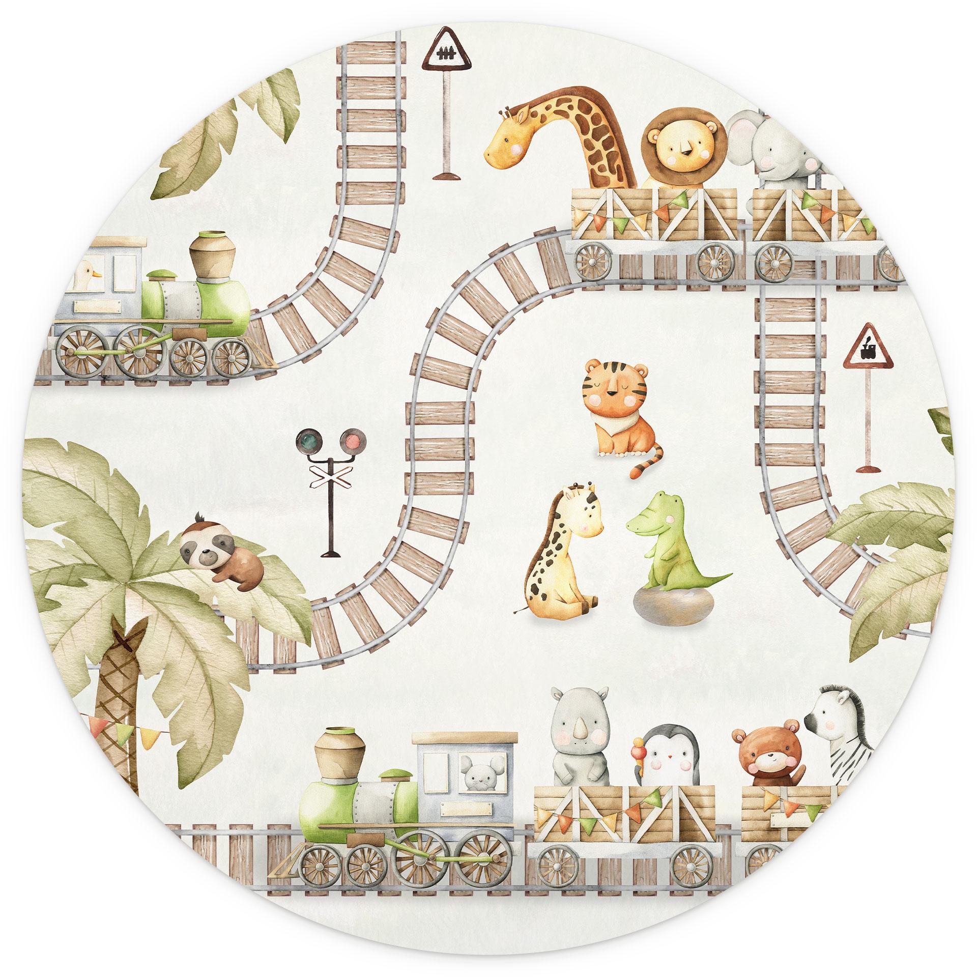 Behangcirkel Locomotief met dierentuindieren - Oliver Robins - vliesbehang/zelfklevend vliesbehang