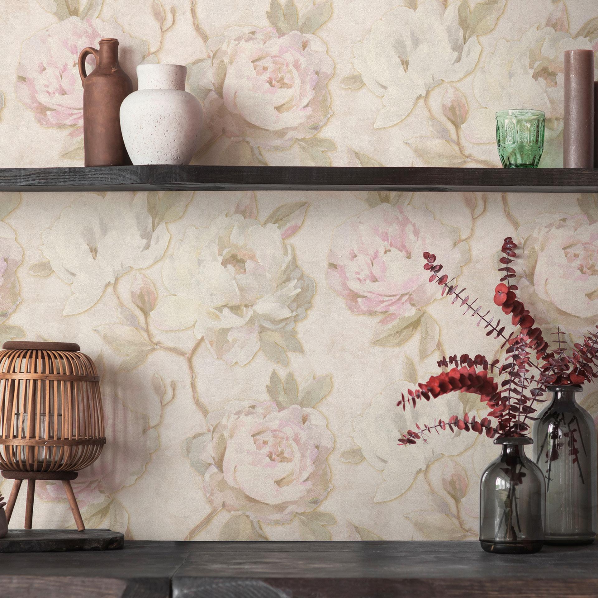 Blomstret tapet pæoner pink beige - Ikke-vævet tapet i akvarelstil - vintage