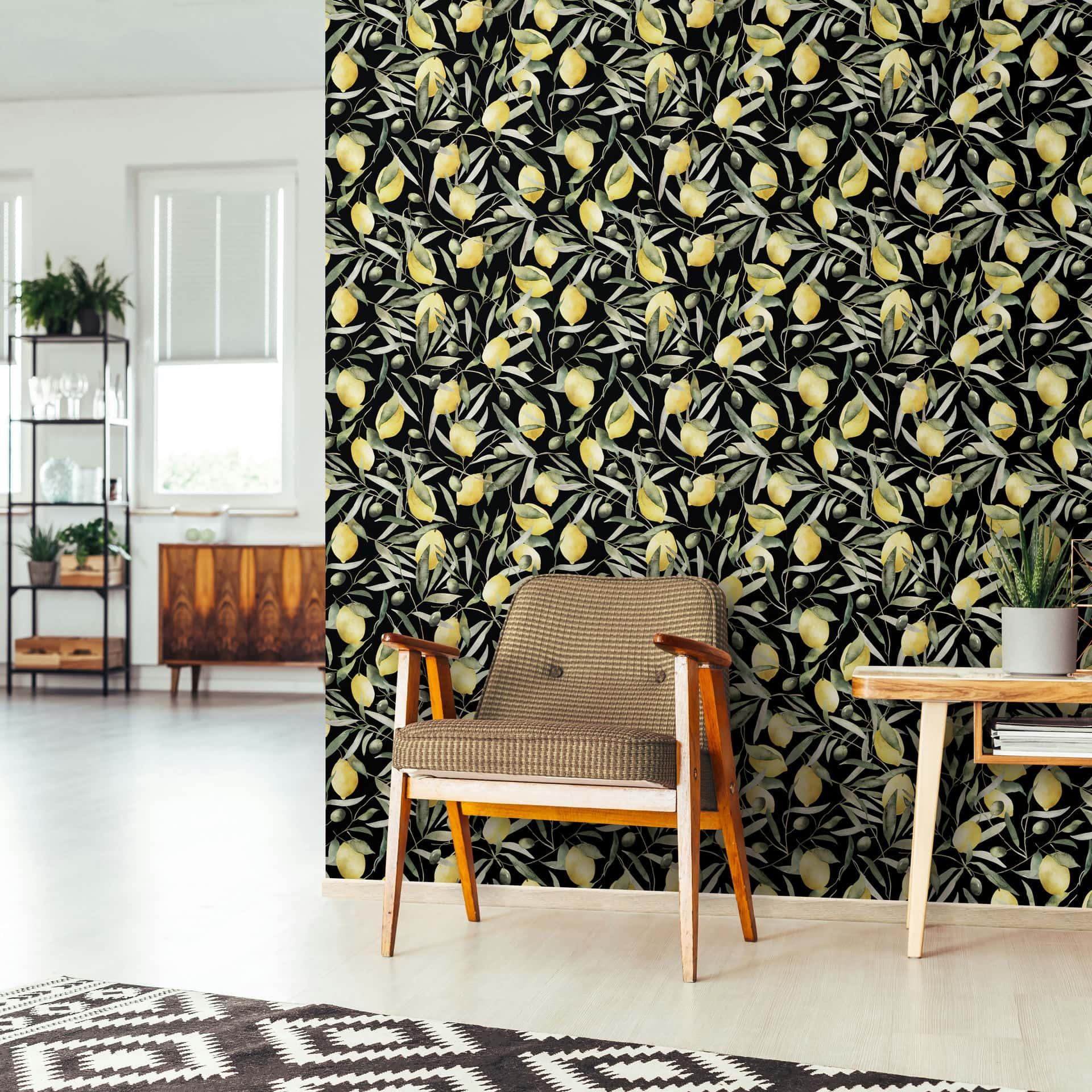 Vliesbehang citroenen, bladeren bloemen natuur mat in zwart