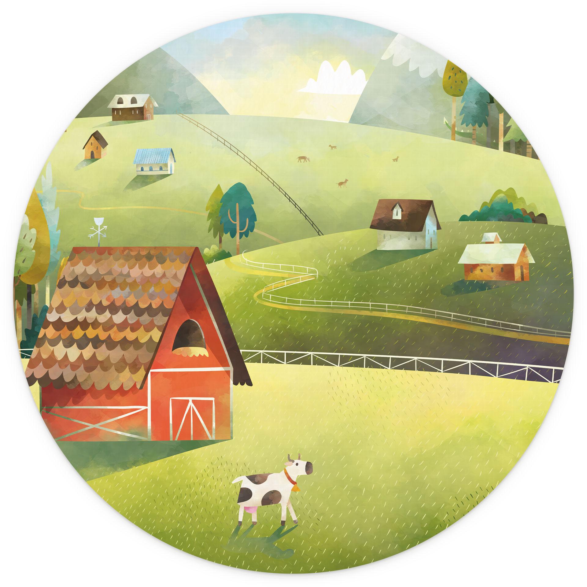 Kleurrijke boerderij in de bergen Fotobehang - DigitalArtsi - Rond - zelfklevend/niet-geweven