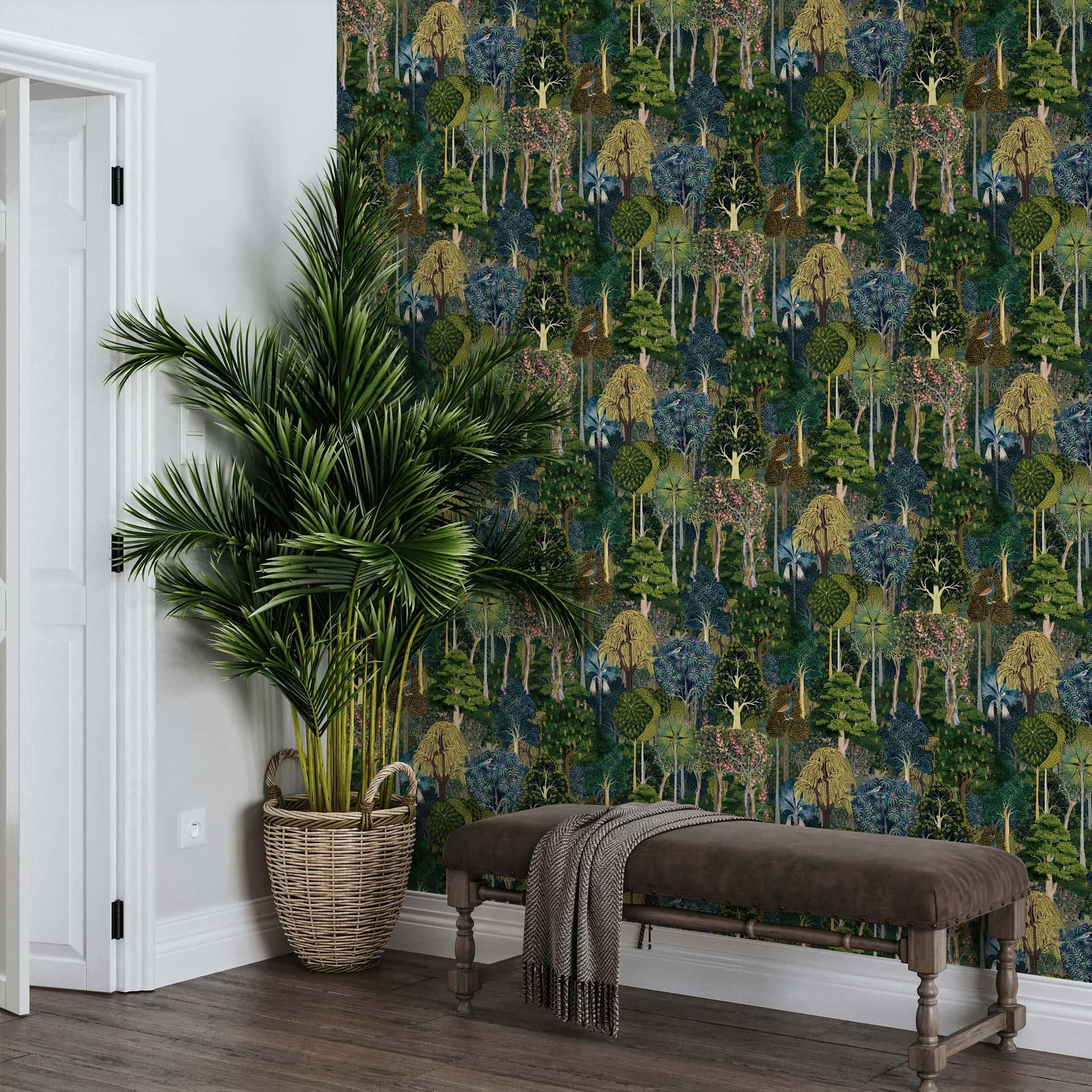 Vliesbehang bos, bomen bloemen natuur in groen
