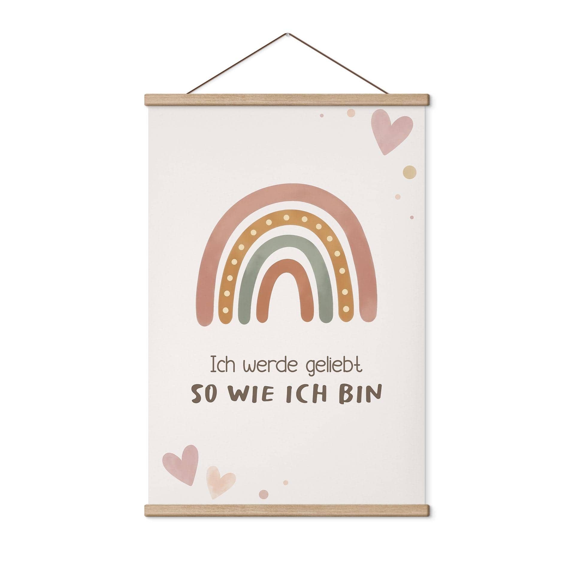 Stoffbild mit Boho-Regenbogen - Glaubenssatz 'Ich werde geliebt' für Kinder