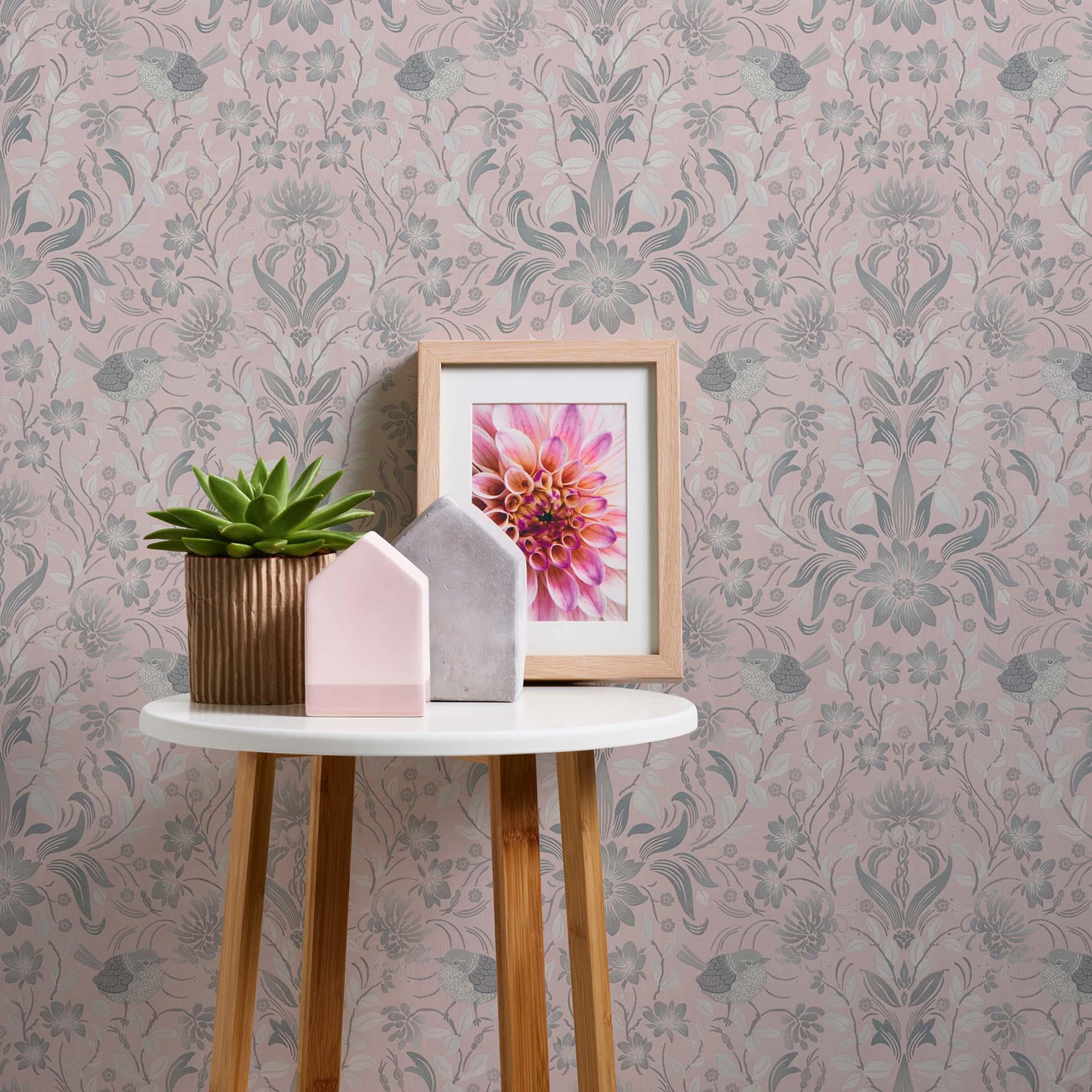 tapet blomstret rosa grå - non-woven tapet landsted A.S. Création - mat lys tekstureret