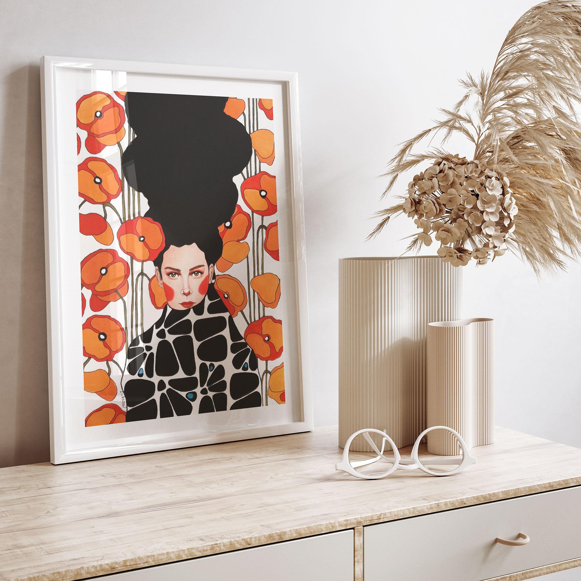 Plakat kvinde med retro valmueblomster | portrætkunst til stuen - Hülya