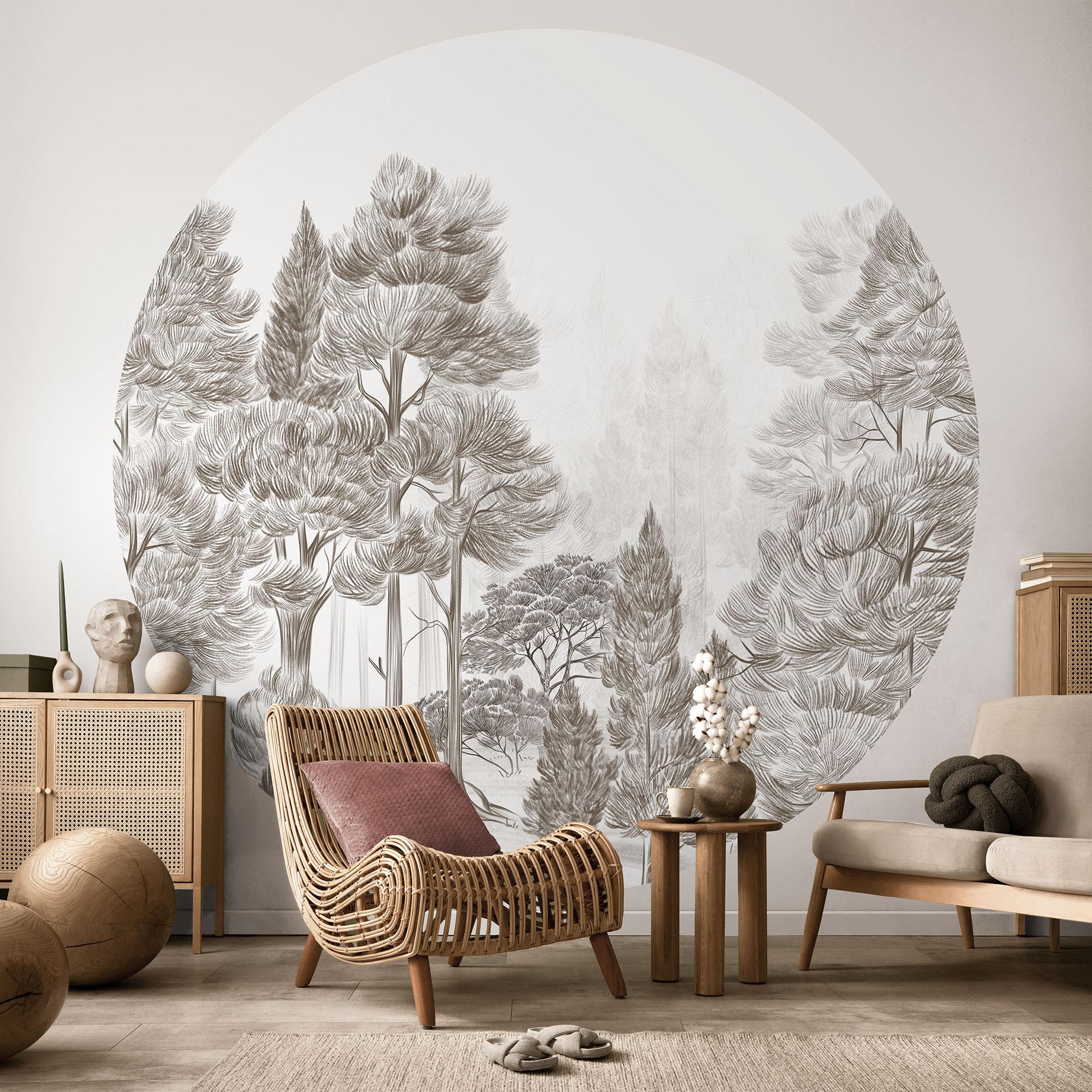 Fotobehang bos met boslandschap in beige - Ms Tiff - rond - zelfklevend/niet-geweven