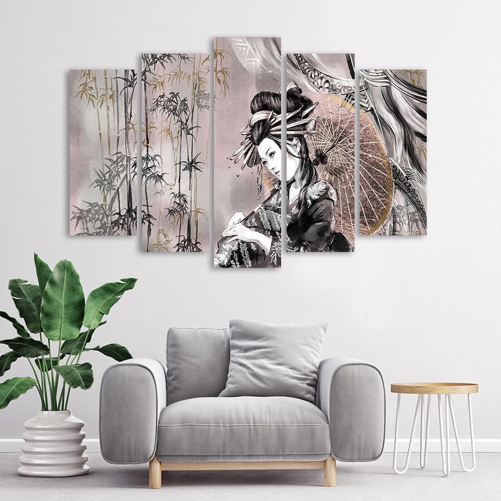 Lærred print 5 dele, geisha og bambus